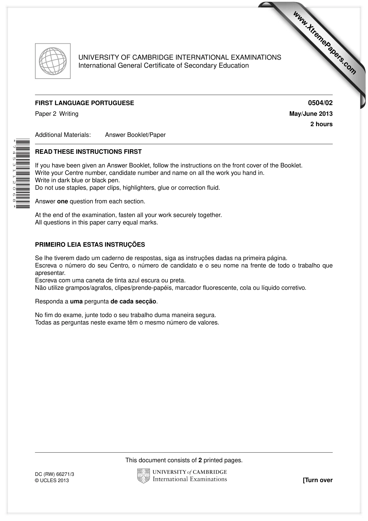 Cambridge IGCSE Portuguese - First Language 0504 2013 May/June Paper 2 · Variant 1 question paper, page 1 of 2