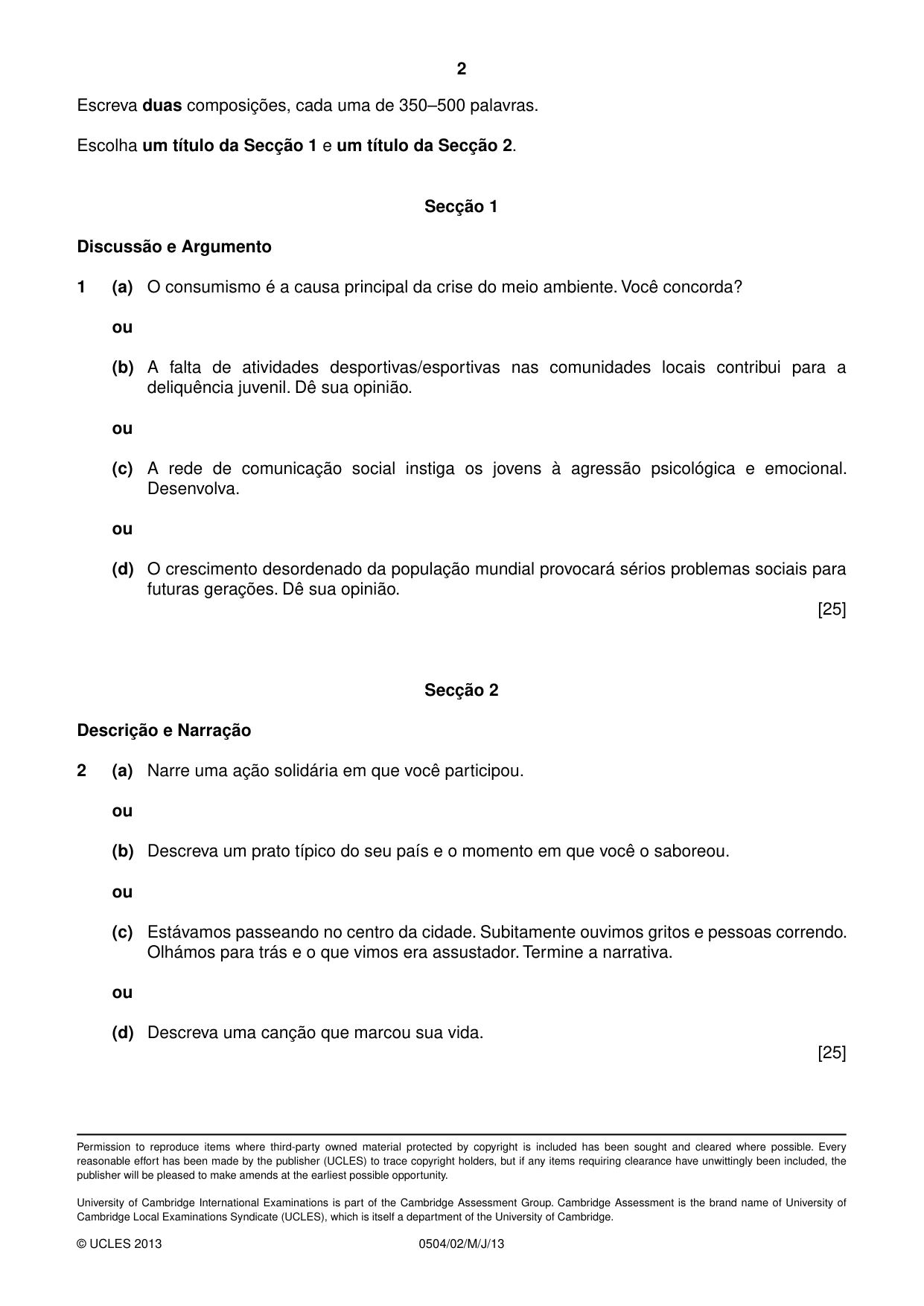 Cambridge IGCSE Portuguese - First Language 0504 2013 May/June Paper 2 · Variant 1 question paper, page 2 of 2