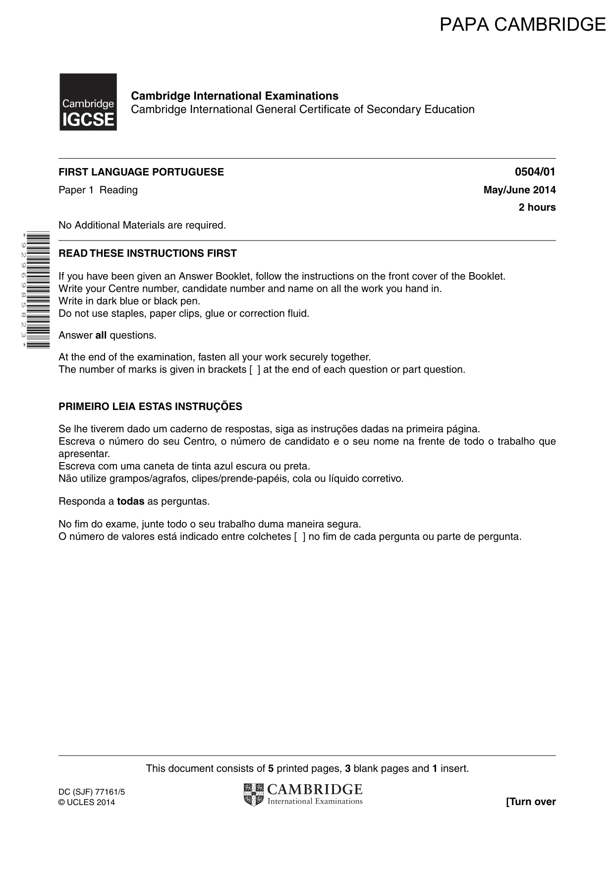 Cambridge IGCSE Portuguese - First Language 0504 2014 May/June Paper 1 · Variant 1 question paper, page 1 of 8