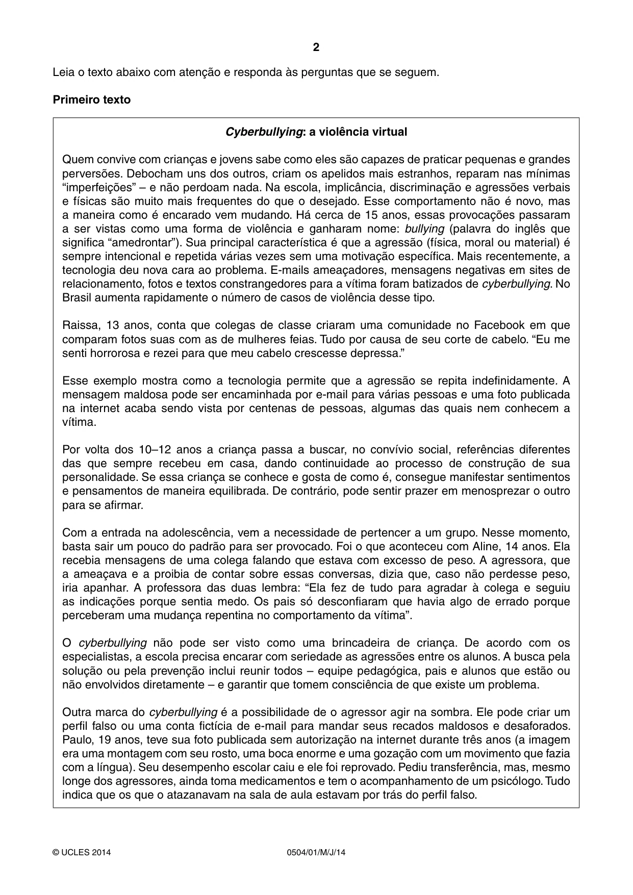 Cambridge IGCSE Portuguese - First Language 0504 2014 May/June Paper 1 · Variant 1 question paper, page 2 of 8