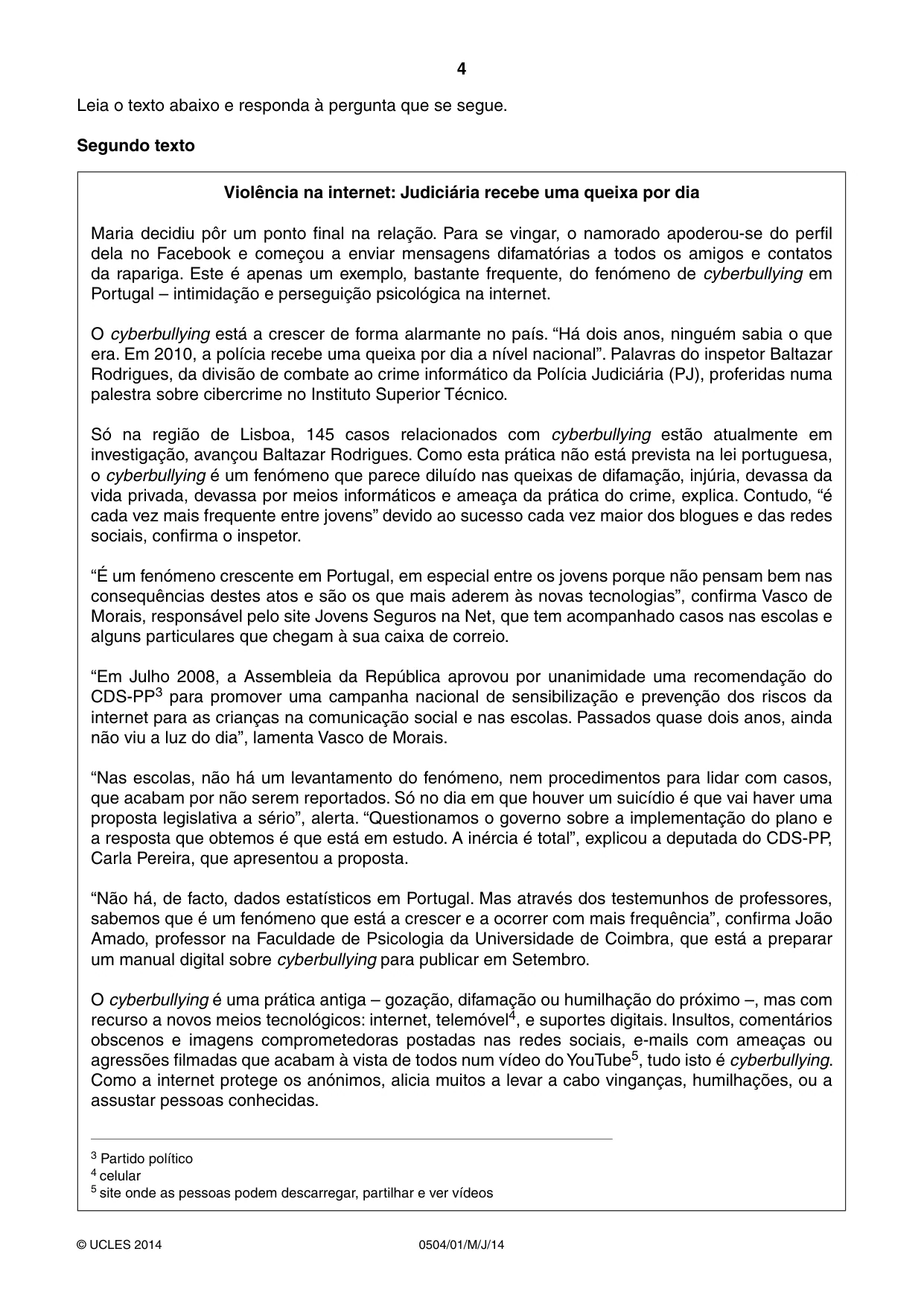 Cambridge IGCSE Portuguese - First Language 0504 2014 May/June Paper 1 · Variant 1 question paper, page 4 of 8