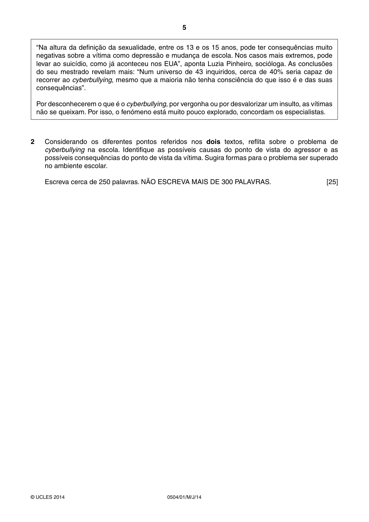 Cambridge IGCSE Portuguese - First Language 0504 2014 May/June Paper 1 · Variant 1 question paper, page 5 of 8