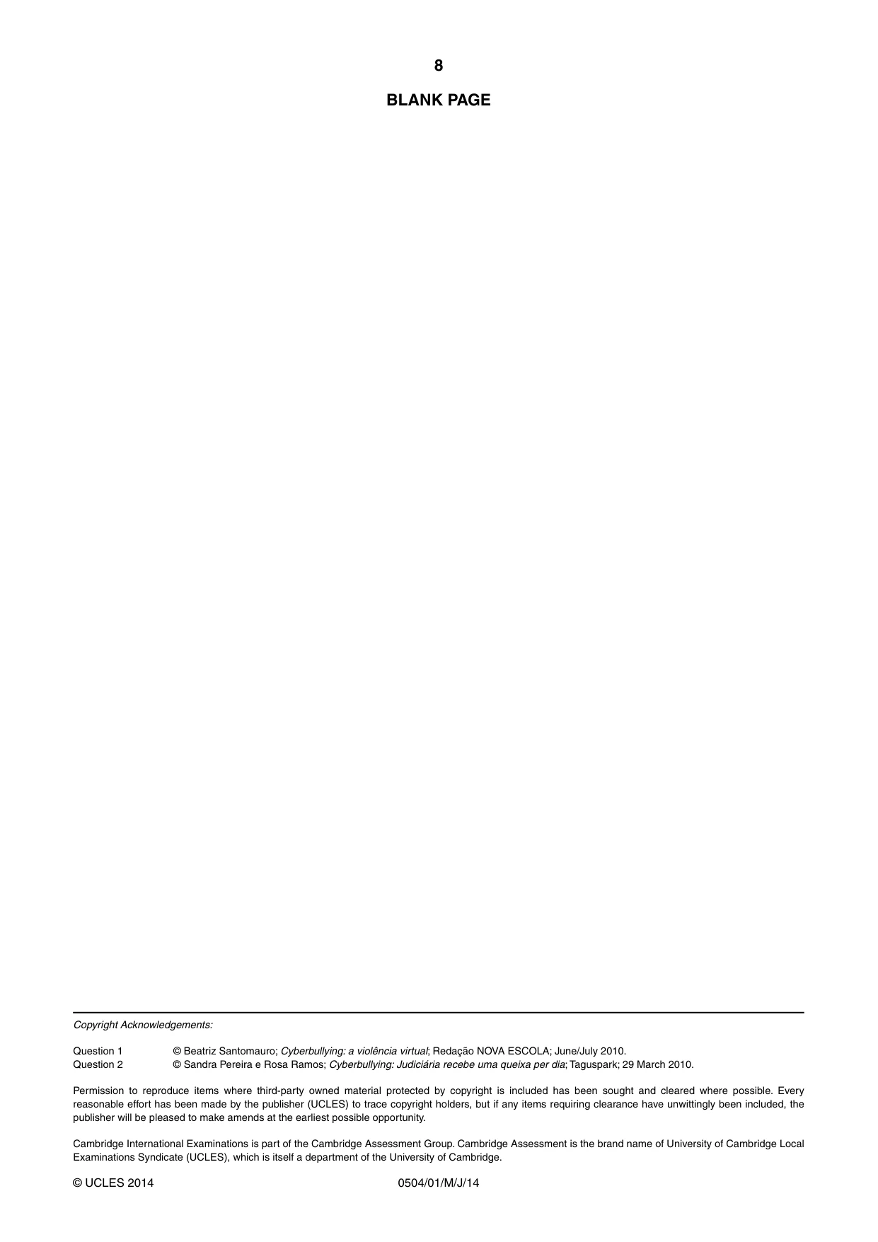 Cambridge IGCSE Portuguese - First Language 0504 2014 May/June Paper 1 · Variant 1 question paper, page 8 of 8