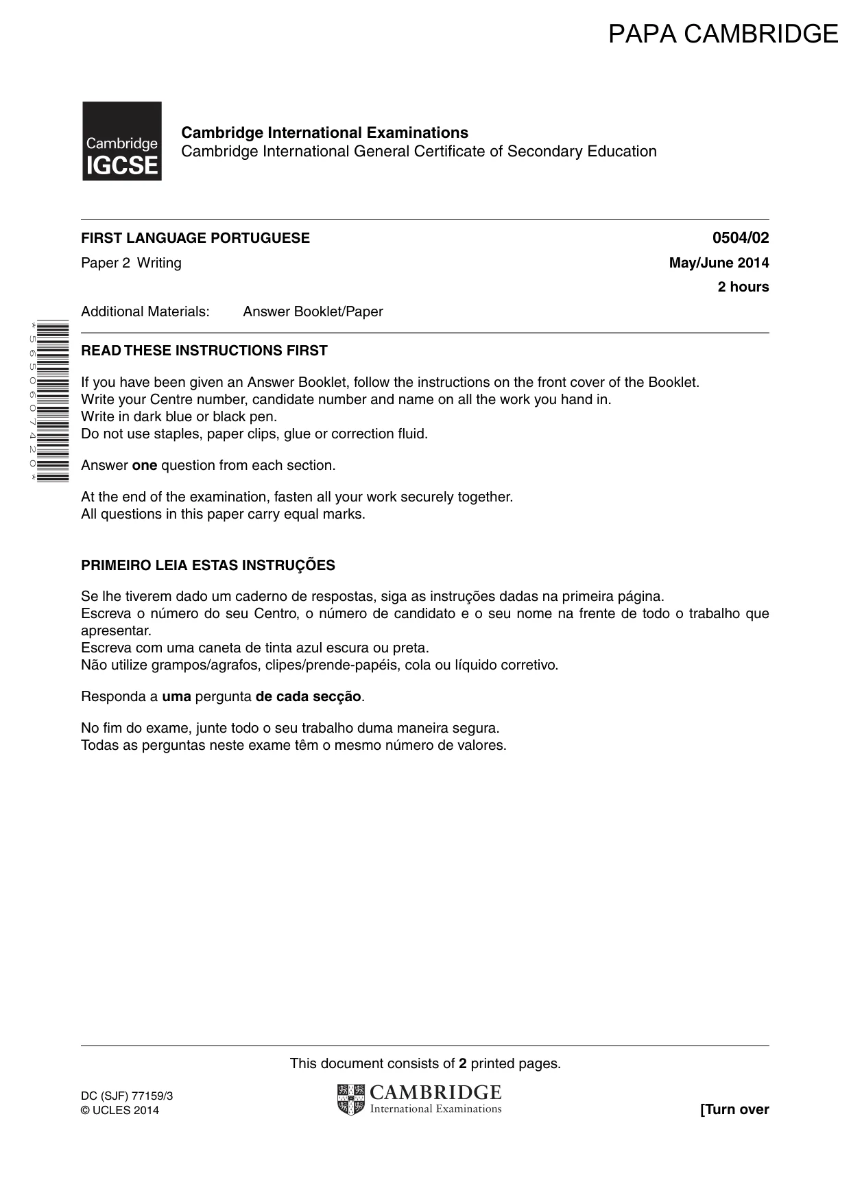 Cambridge IGCSE Portuguese - First Language 0504 2014 May/June Paper 2 · Variant 1 question paper, page 1 of 2