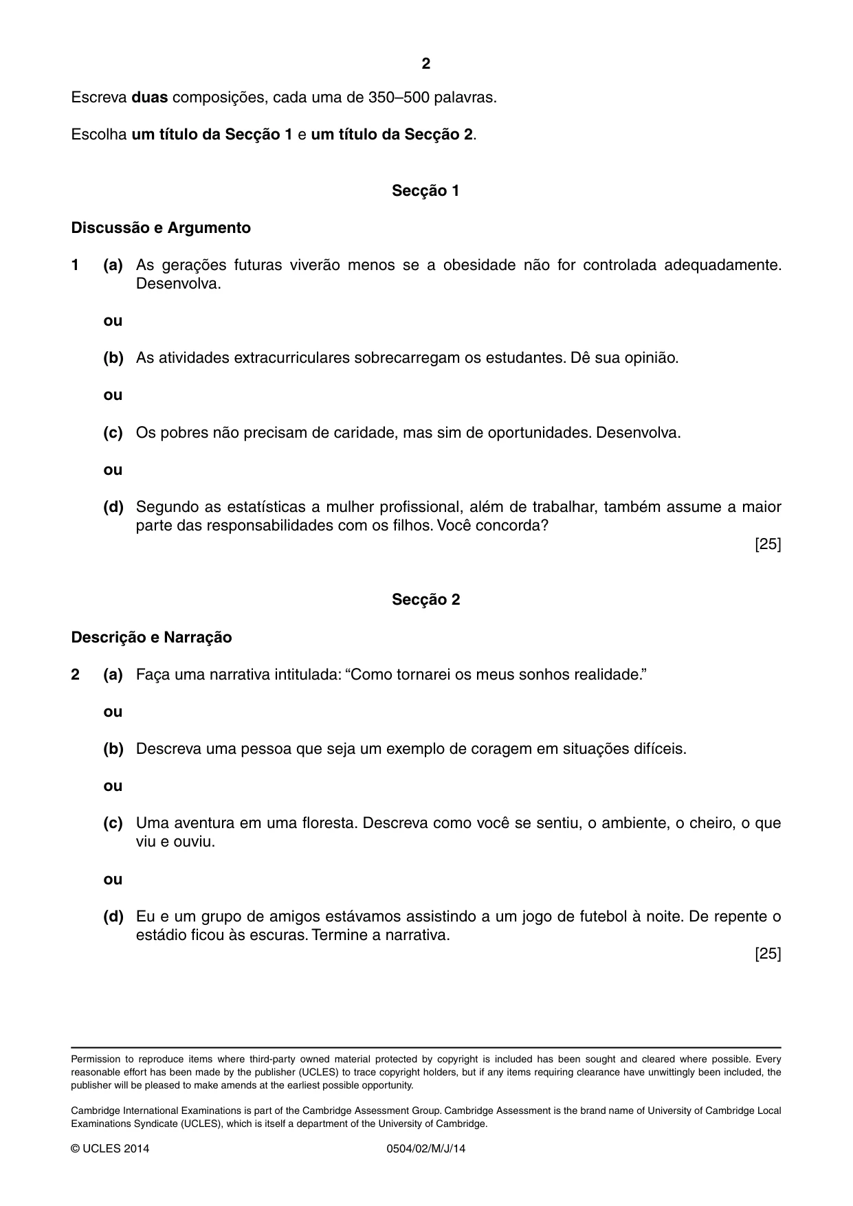 Cambridge IGCSE Portuguese - First Language 0504 2014 May/June Paper 2 · Variant 1 question paper, page 2 of 2
