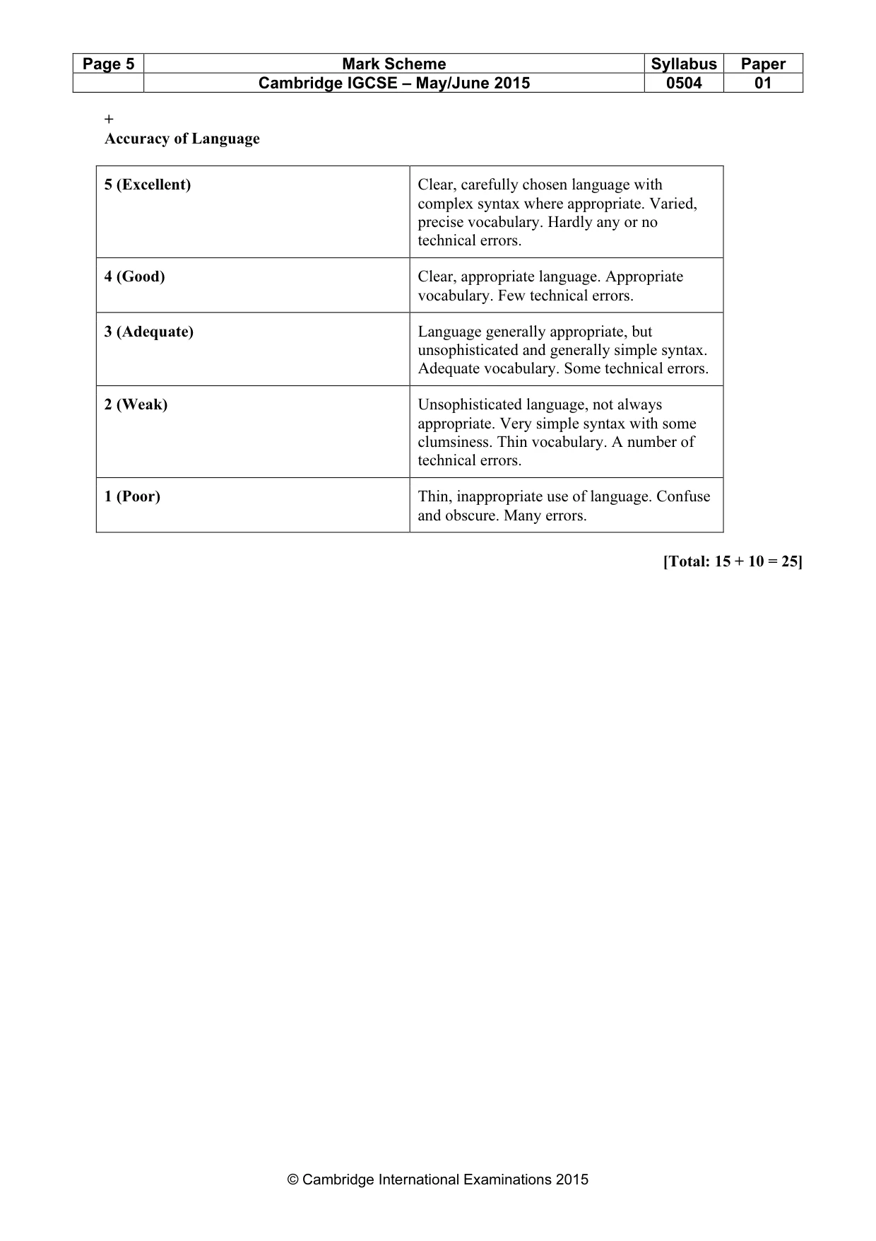 Mark scheme, page 5 of 5