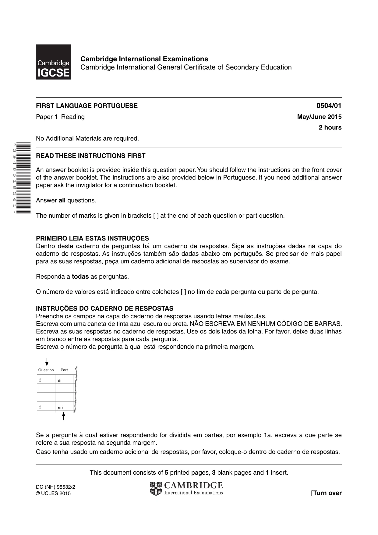Cambridge IGCSE Portuguese - First Language 0504 2015 May/June Paper 1 · Variant 1 question paper, page 1 of 8
