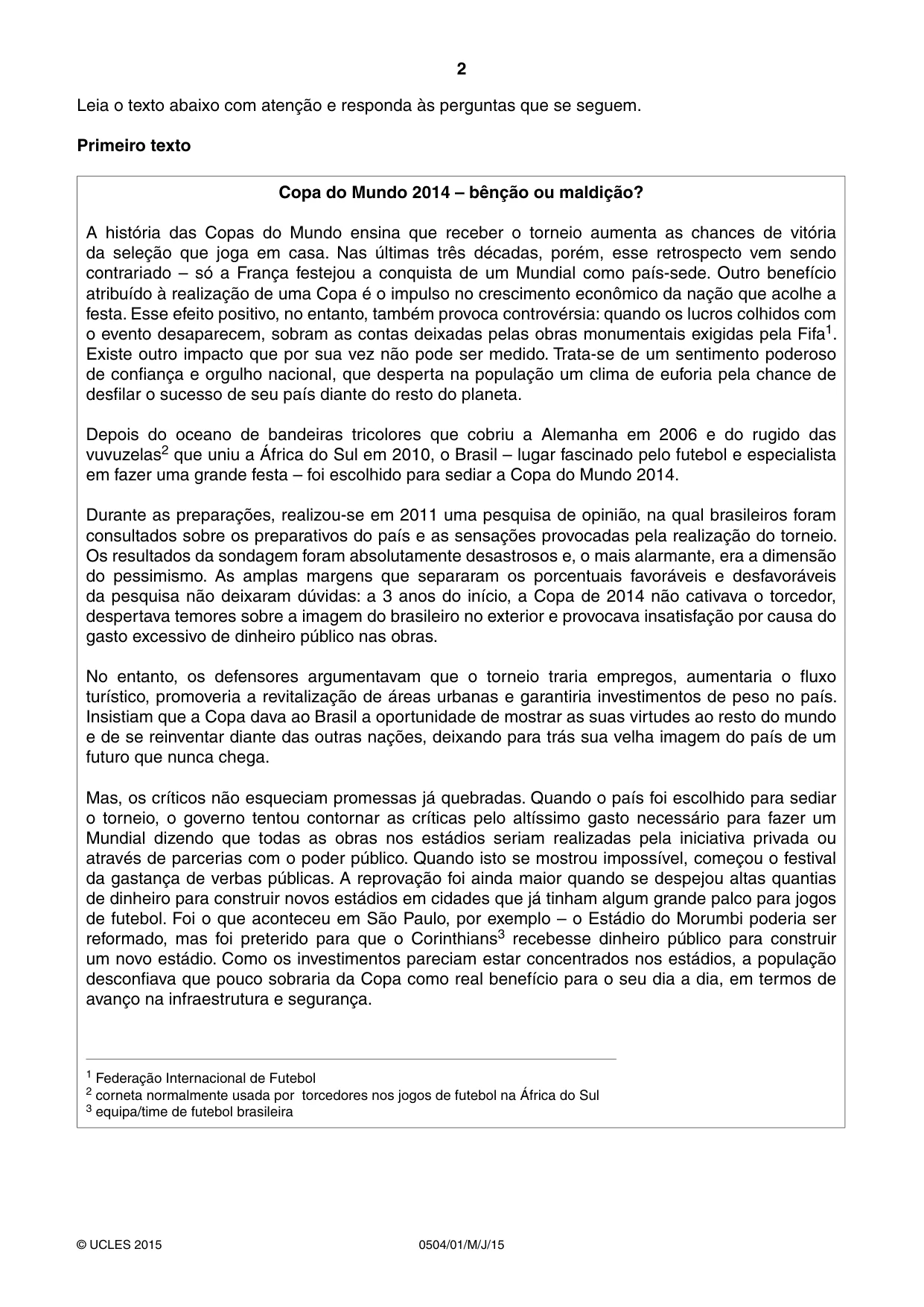 Cambridge IGCSE Portuguese - First Language 0504 2015 May/June Paper 1 · Variant 1 question paper, page 2 of 8