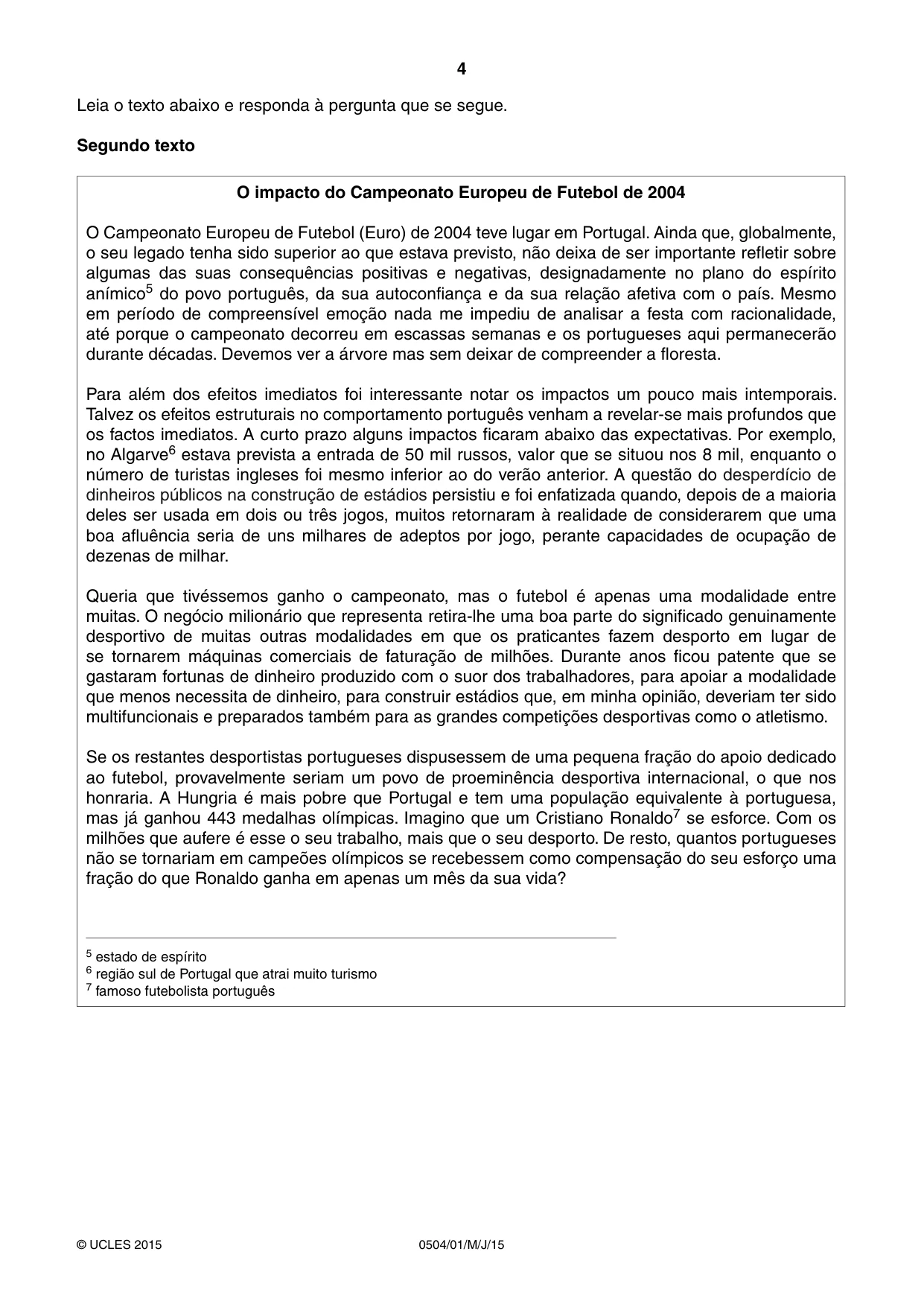 Cambridge IGCSE Portuguese - First Language 0504 2015 May/June Paper 1 · Variant 1 question paper, page 4 of 8