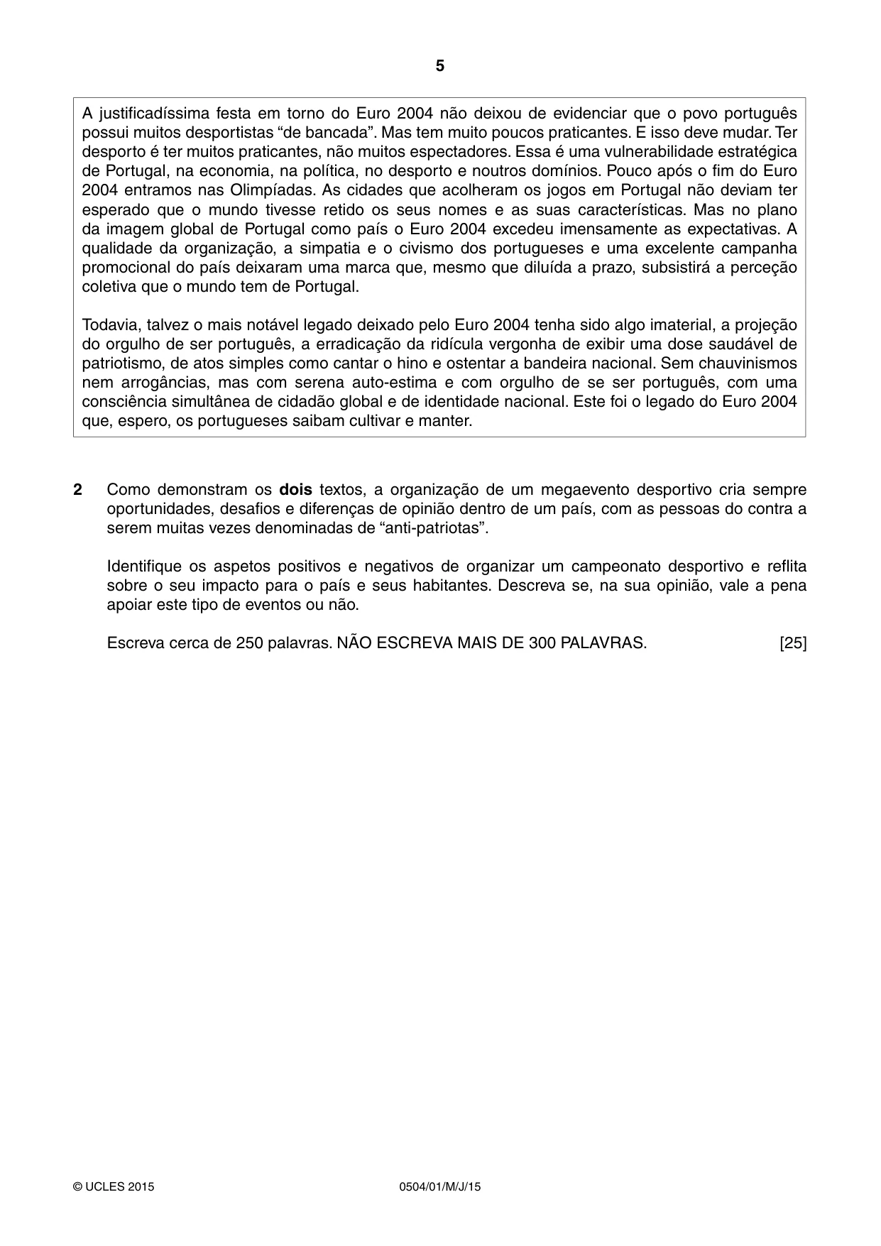 Cambridge IGCSE Portuguese - First Language 0504 2015 May/June Paper 1 · Variant 1 question paper, page 5 of 8