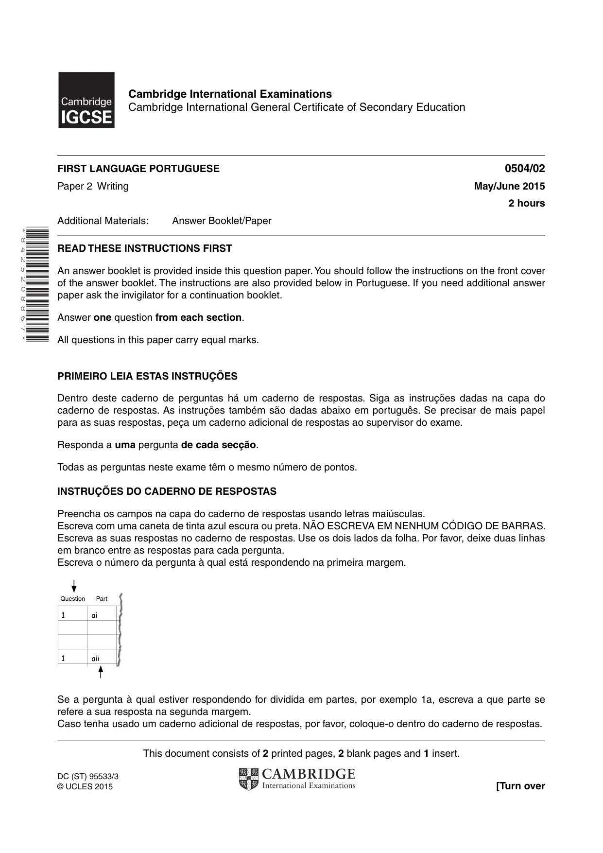 Cambridge IGCSE Portuguese - First Language 0504 2015 May/June Paper 2 · Variant 1 question paper, page 1 of 4