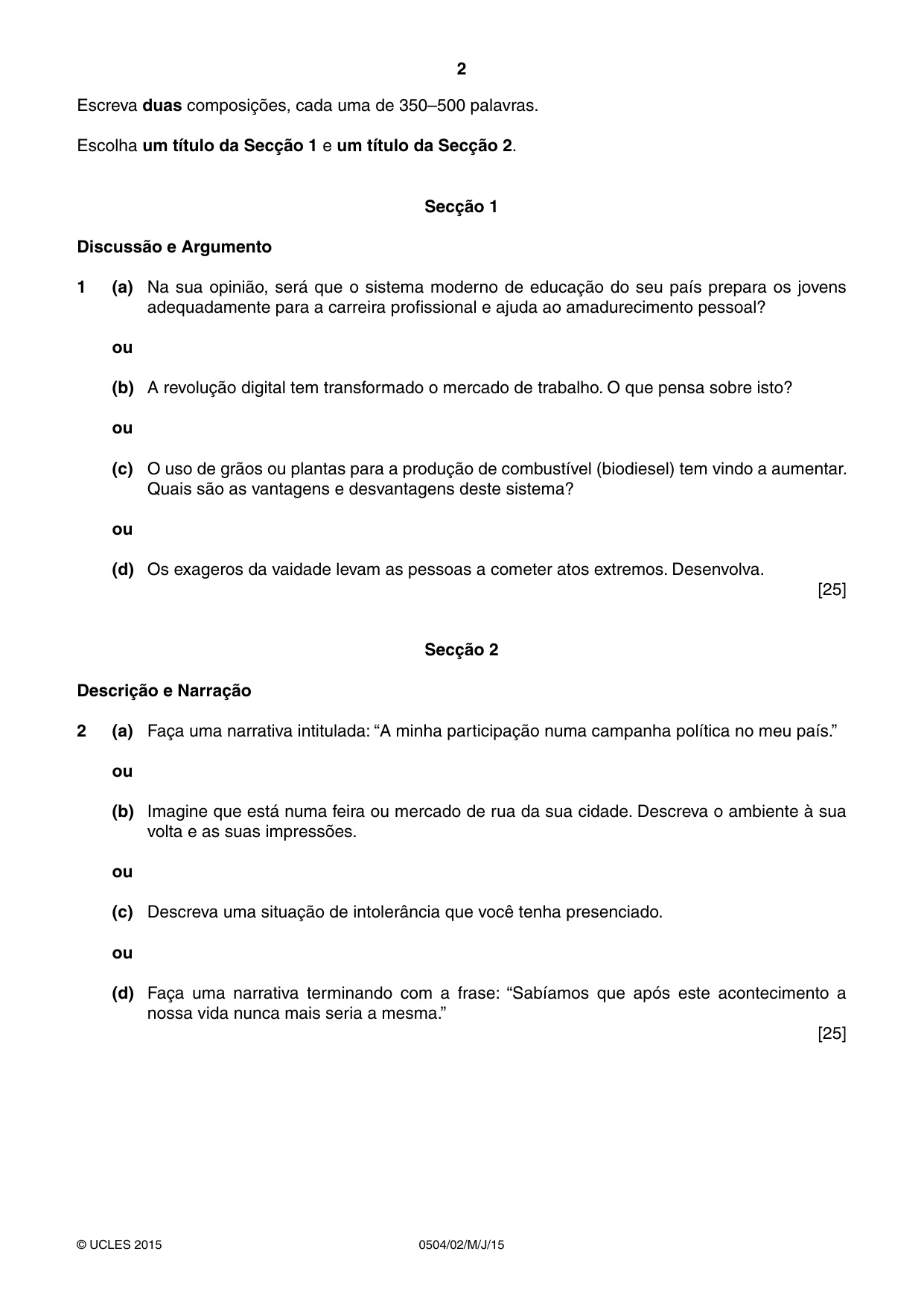 Cambridge IGCSE Portuguese - First Language 0504 2015 May/June Paper 2 · Variant 1 question paper, page 2 of 4