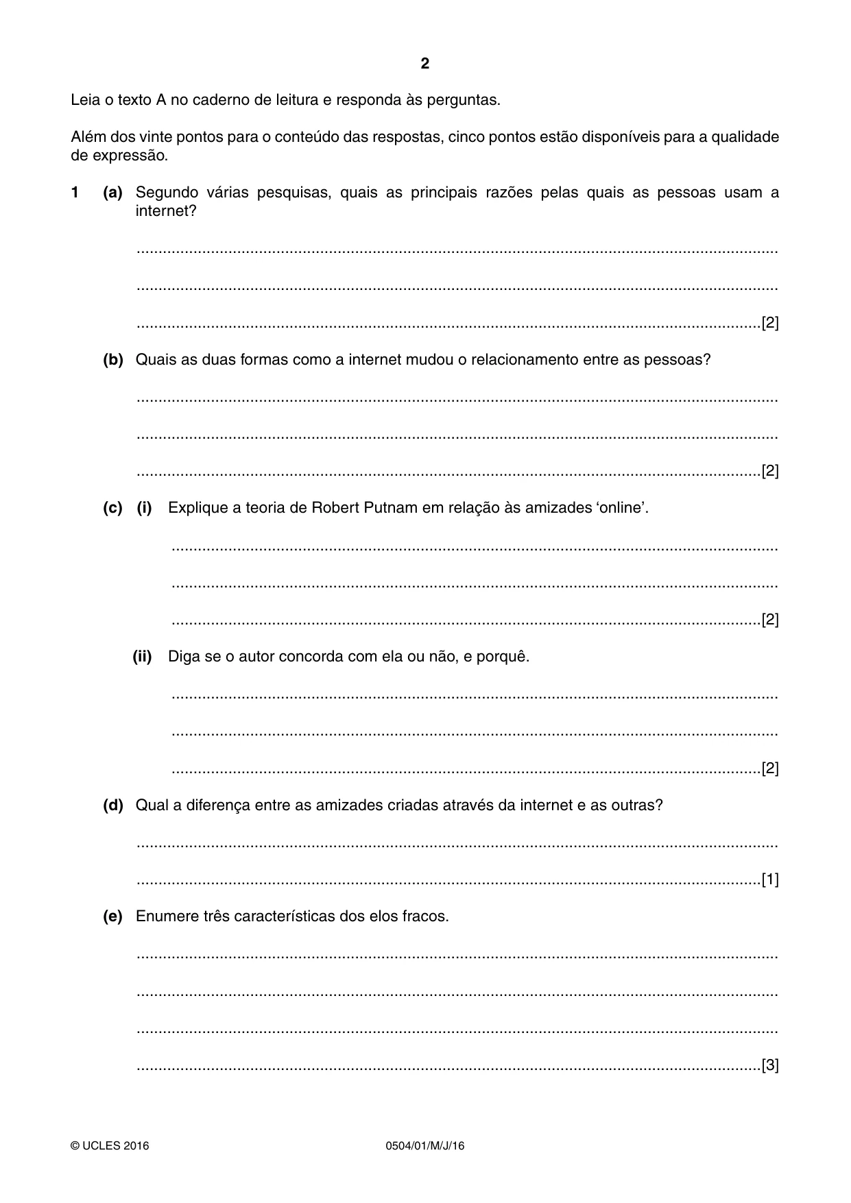 Cambridge IGCSE Portuguese - First Language 0504 2016 May/June Paper 1 · Variant 0 question paper, page 2 of 8