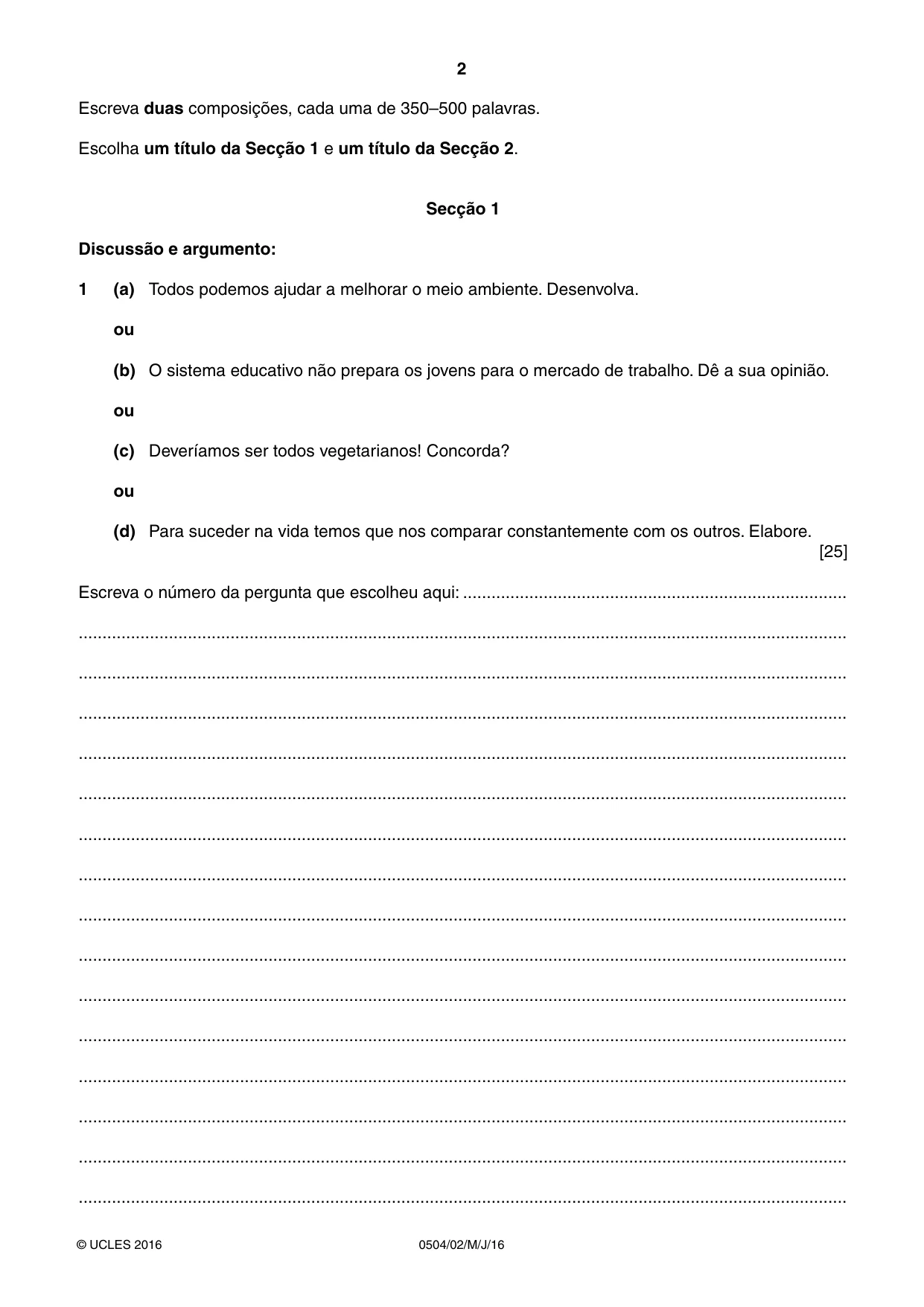 Cambridge IGCSE Portuguese - First Language 0504 2016 May/June Paper 2 · Variant 0 question paper, page 2 of 12