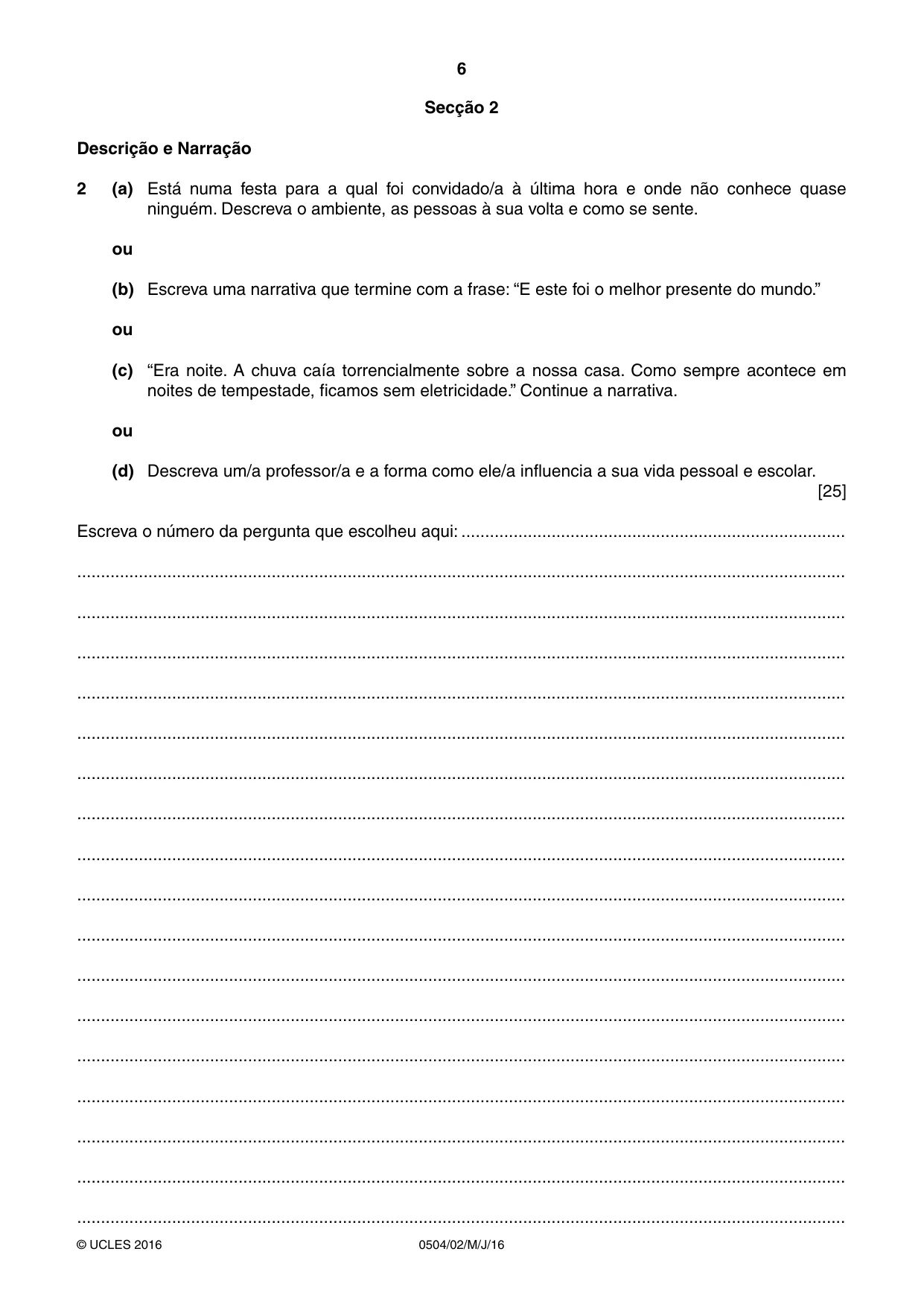 Cambridge IGCSE Portuguese - First Language 0504 2016 May/June Paper 2 · Variant 0 question paper, page 6 of 12