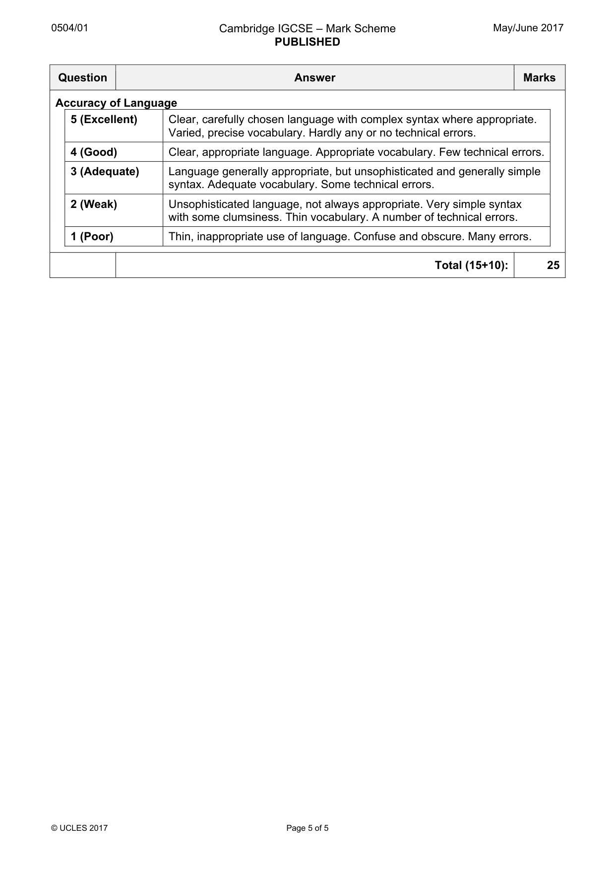 Mark scheme, page 5 of 5