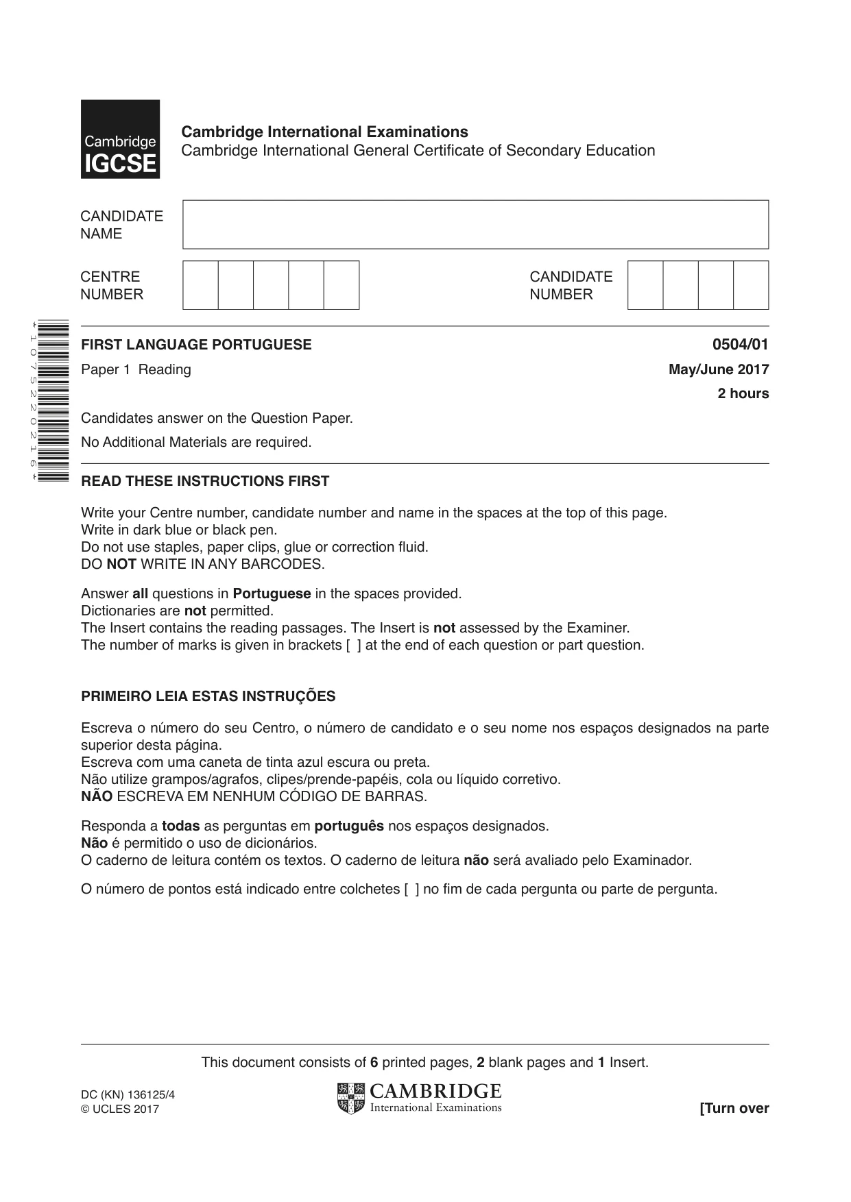 Cambridge IGCSE Portuguese - First Language 0504 2017 May/June Paper 1 · Variant 1 question paper, page 1 of 8