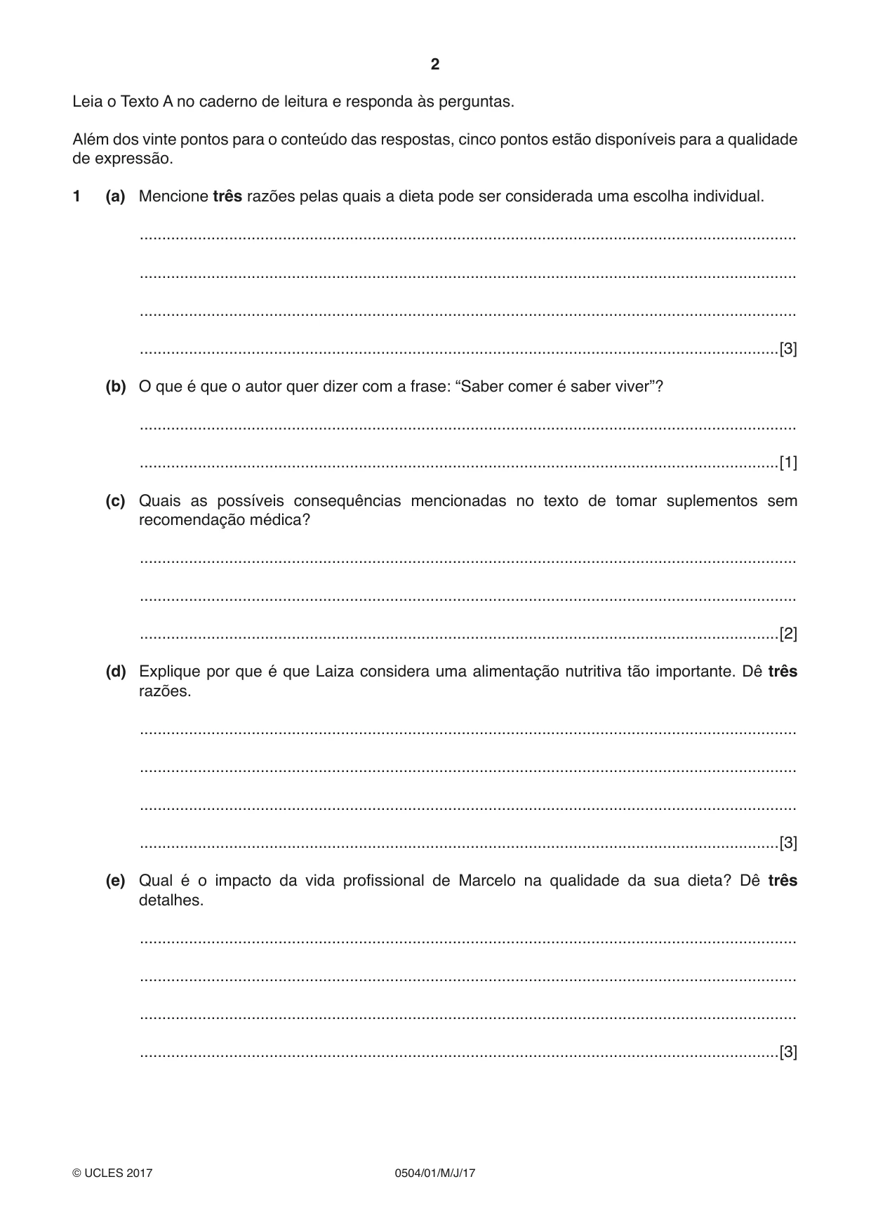 Cambridge IGCSE Portuguese - First Language 0504 2017 May/June Paper 1 · Variant 1 question paper, page 2 of 8