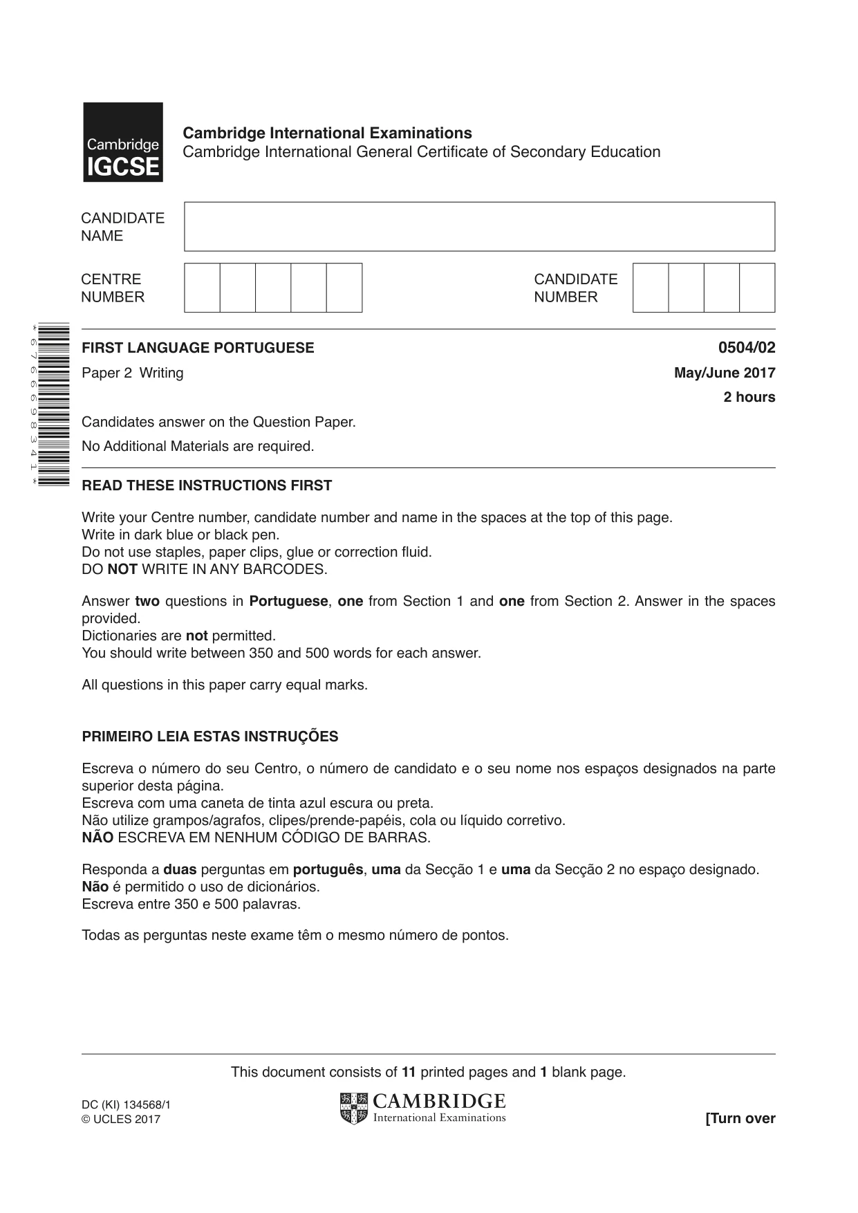 Cambridge IGCSE Portuguese - First Language 0504 2017 May/June Paper 2 · Variant 1 question paper, page 1 of 12