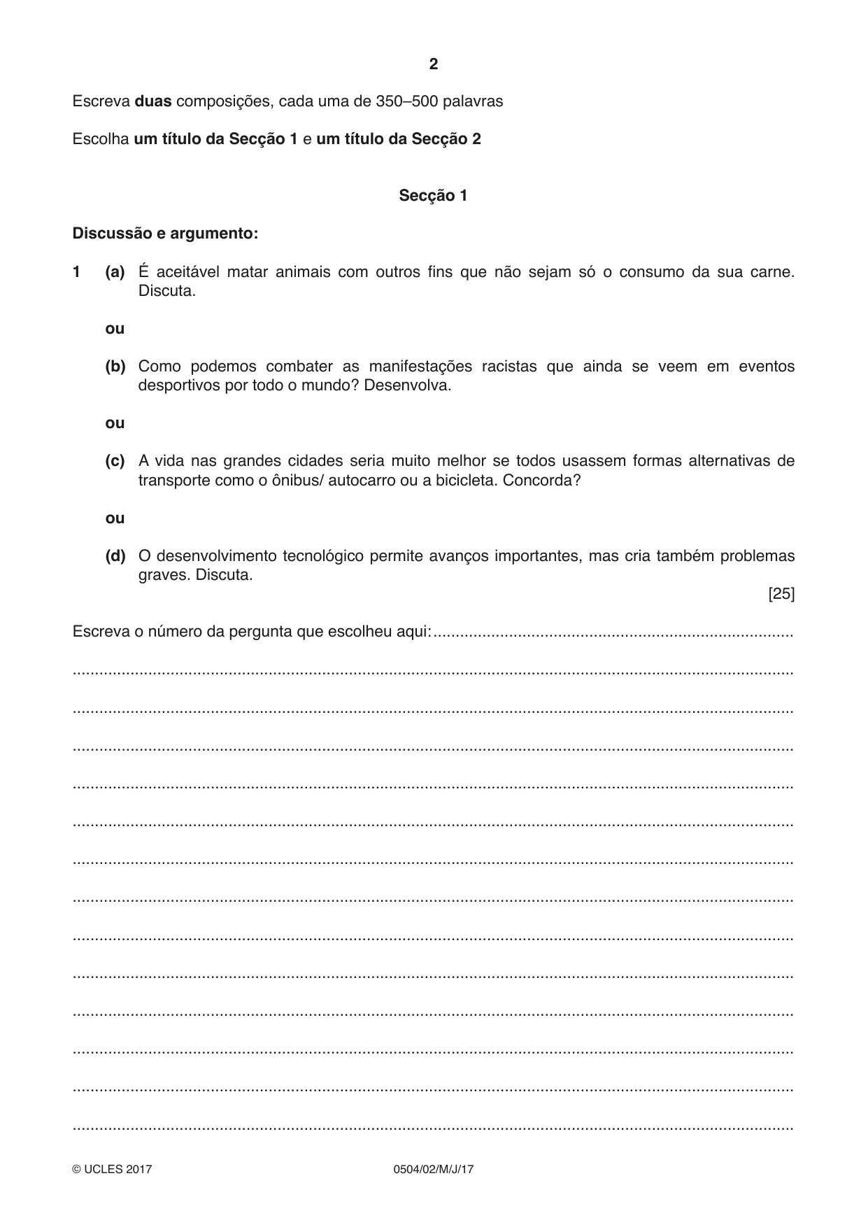 Cambridge IGCSE Portuguese - First Language 0504 2017 May/June Paper 2 · Variant 1 question paper, page 2 of 12
