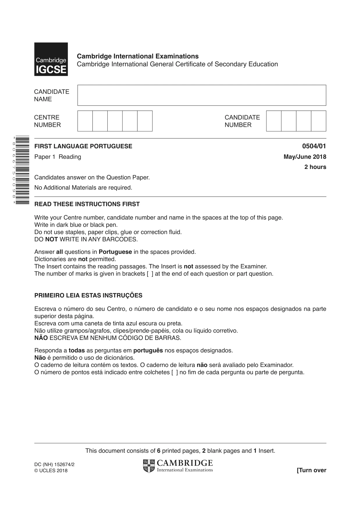 Cambridge IGCSE Portuguese - First Language 0504 2018 May/June Paper 1 · Variant 0 question paper, page 1 of 8