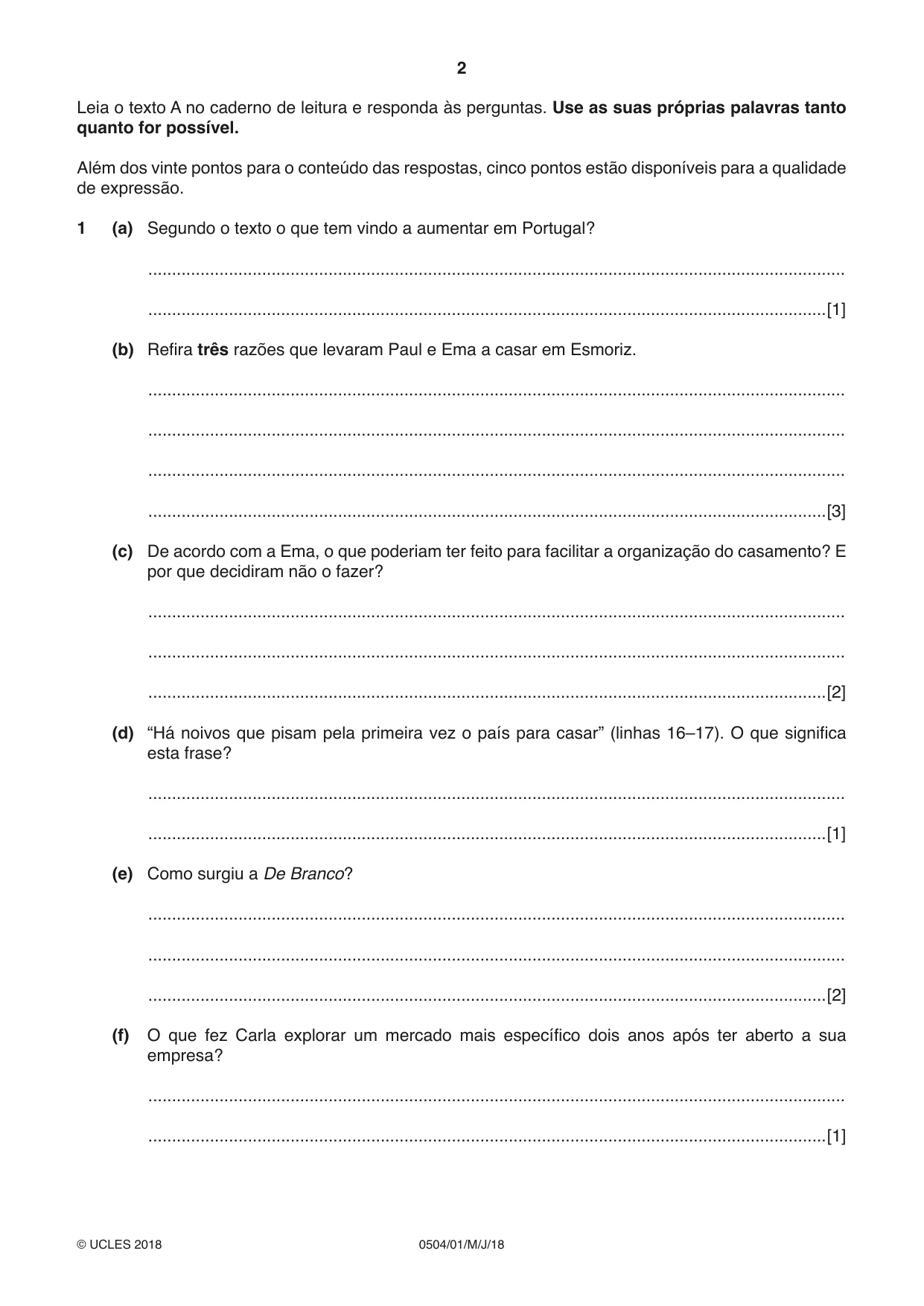 Cambridge IGCSE Portuguese - First Language 0504 2018 May/June Paper 1 · Variant 0 question paper, page 2 of 8