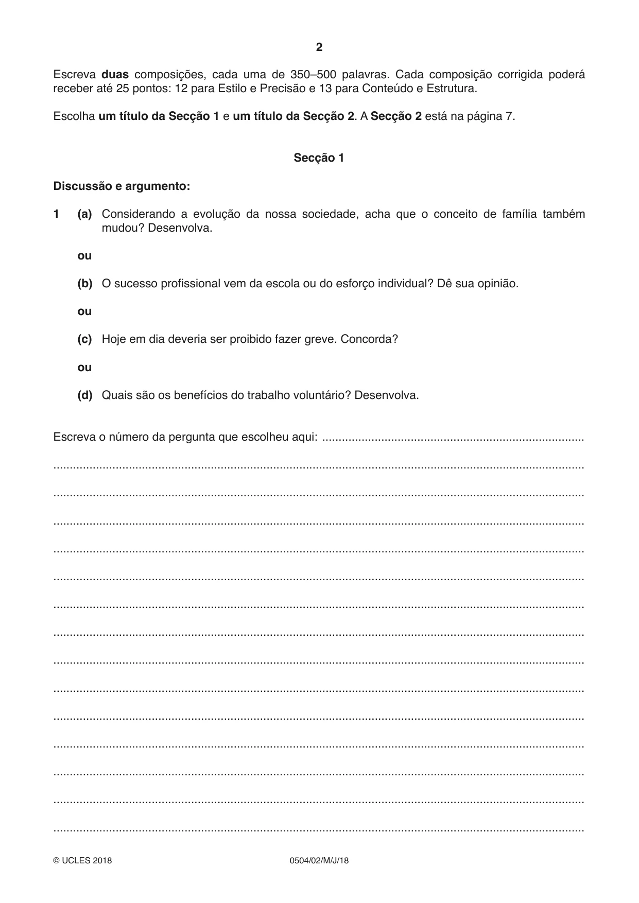 Cambridge IGCSE Portuguese - First Language 0504 2018 May/June Paper 2 · Variant 0 question paper, page 2 of 12