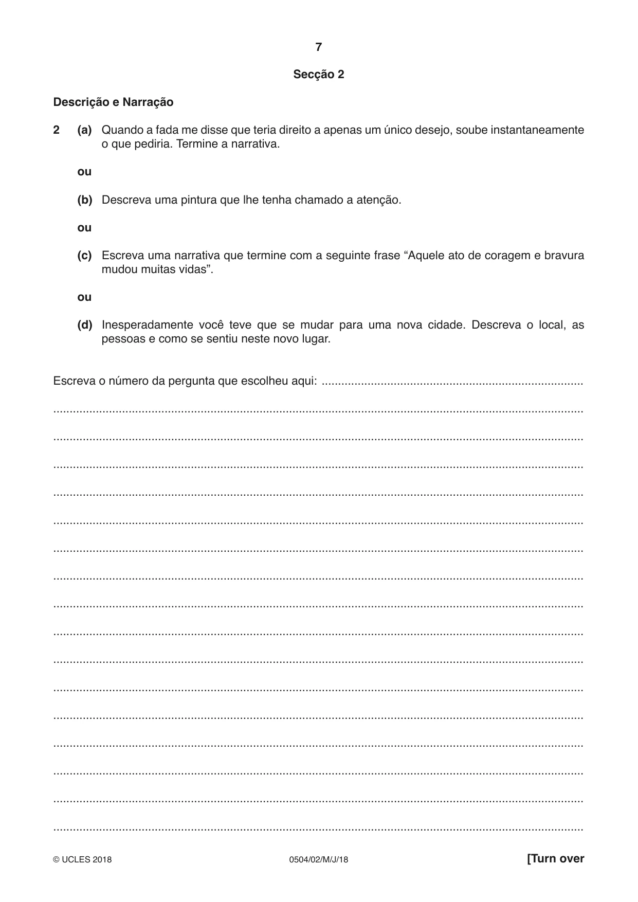 Cambridge IGCSE Portuguese - First Language 0504 2018 May/June Paper 2 · Variant 0 question paper, page 7 of 12