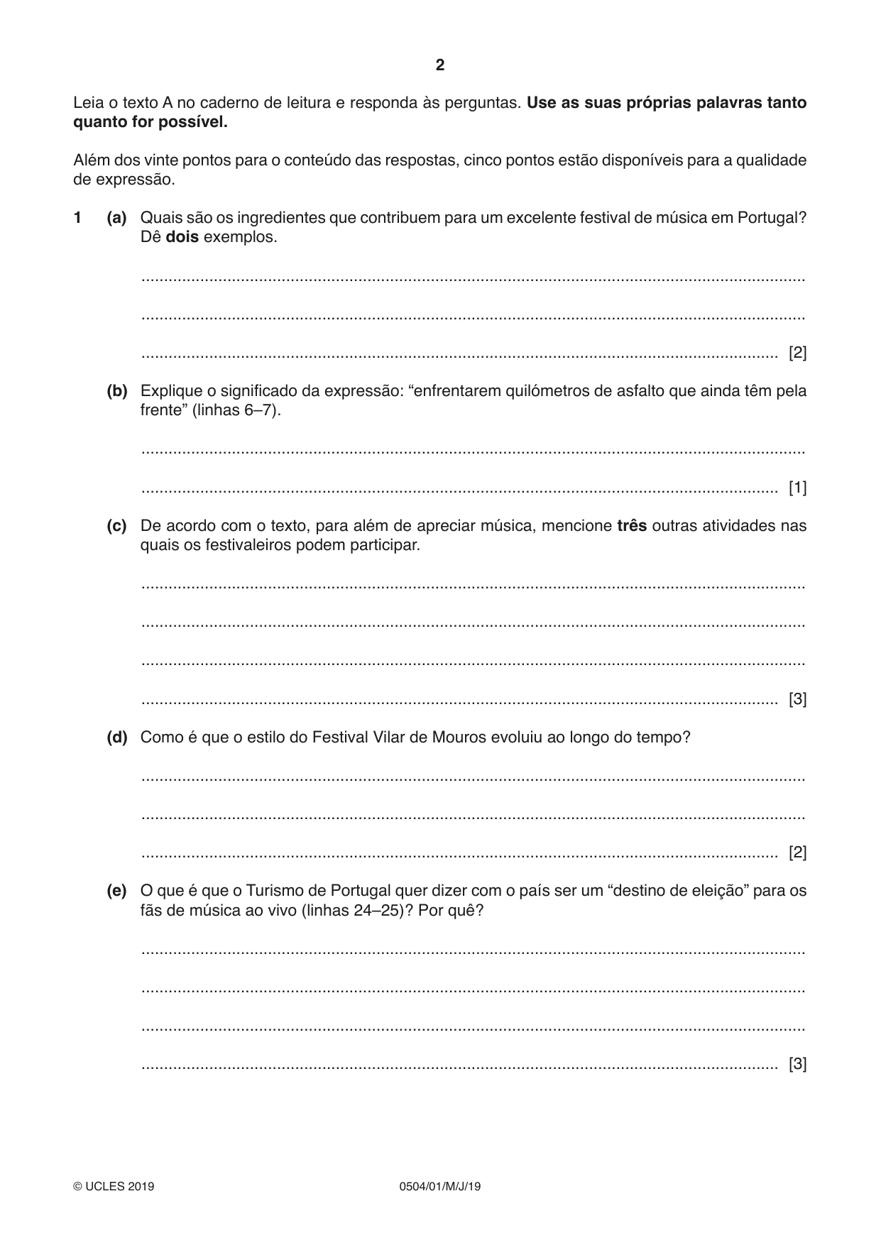 Cambridge IGCSE Portuguese - First Language 0504 2019 May/June Paper 1 · Variant 1 question paper, page 2 of 8