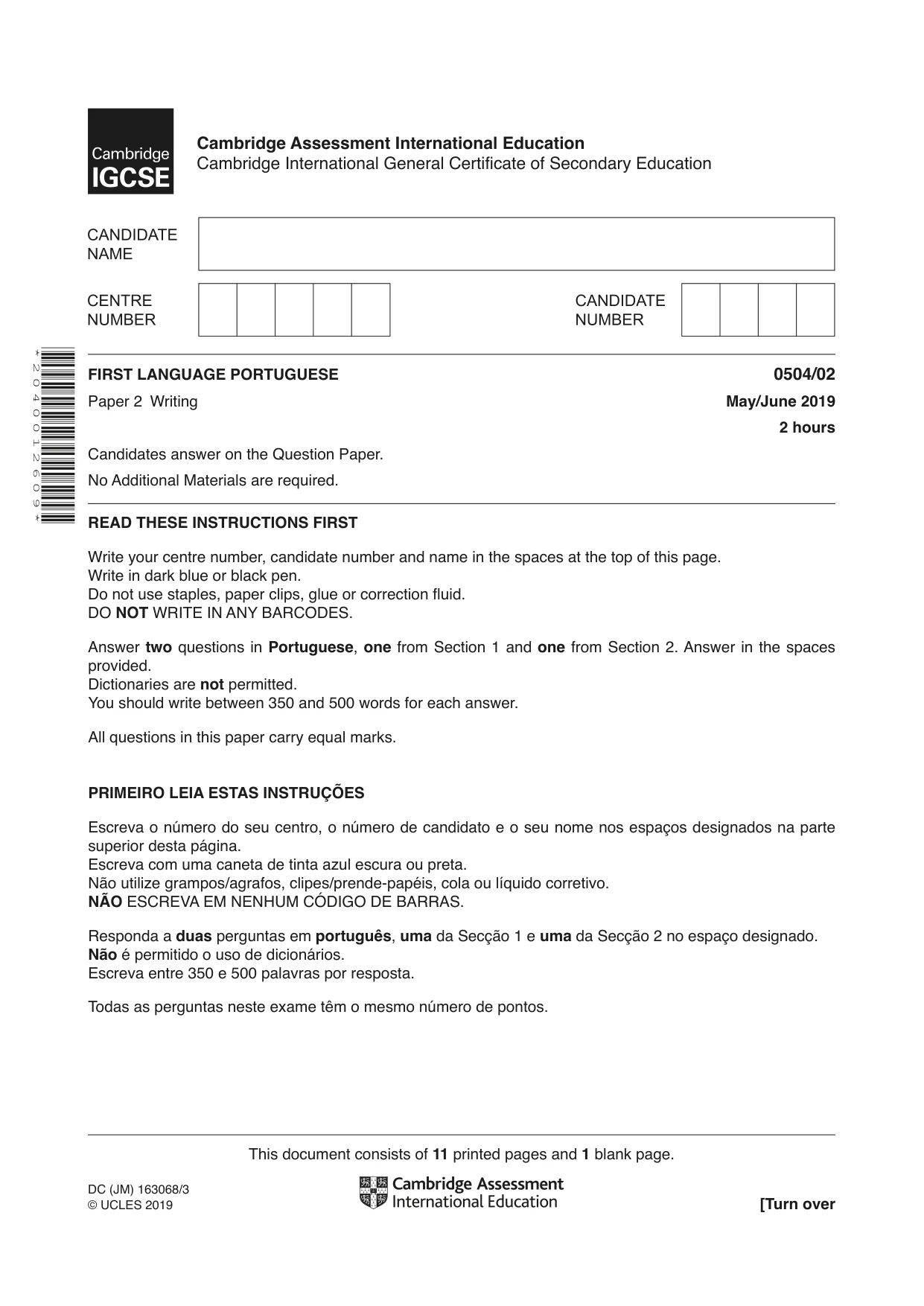 Cambridge IGCSE Portuguese - First Language 0504 2019 May/June Paper 2 · Variant 1 question paper, page 1 of 12