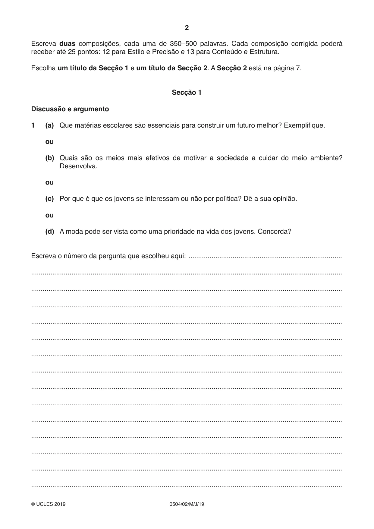 Cambridge IGCSE Portuguese - First Language 0504 2019 May/June Paper 2 · Variant 1 question paper, page 2 of 12