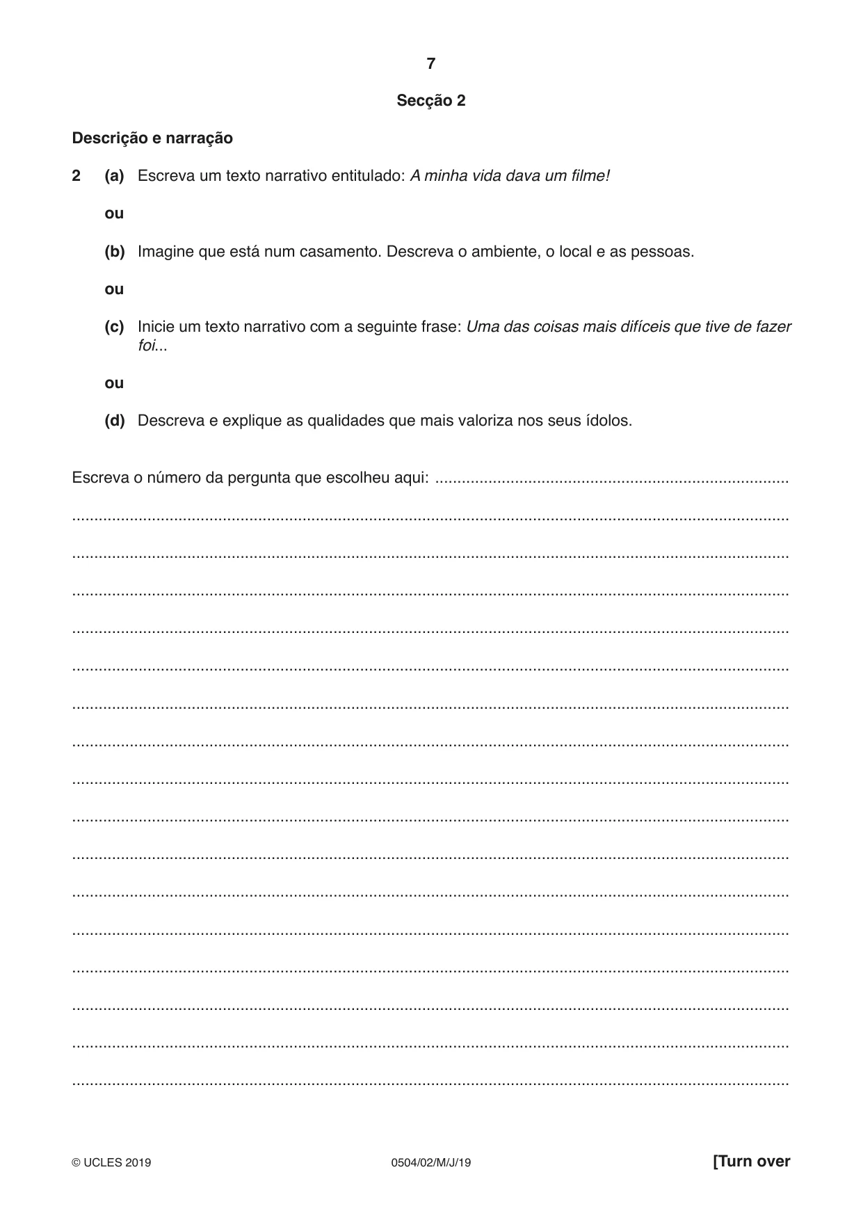Cambridge IGCSE Portuguese - First Language 0504 2019 May/June Paper 2 · Variant 1 question paper, page 7 of 12