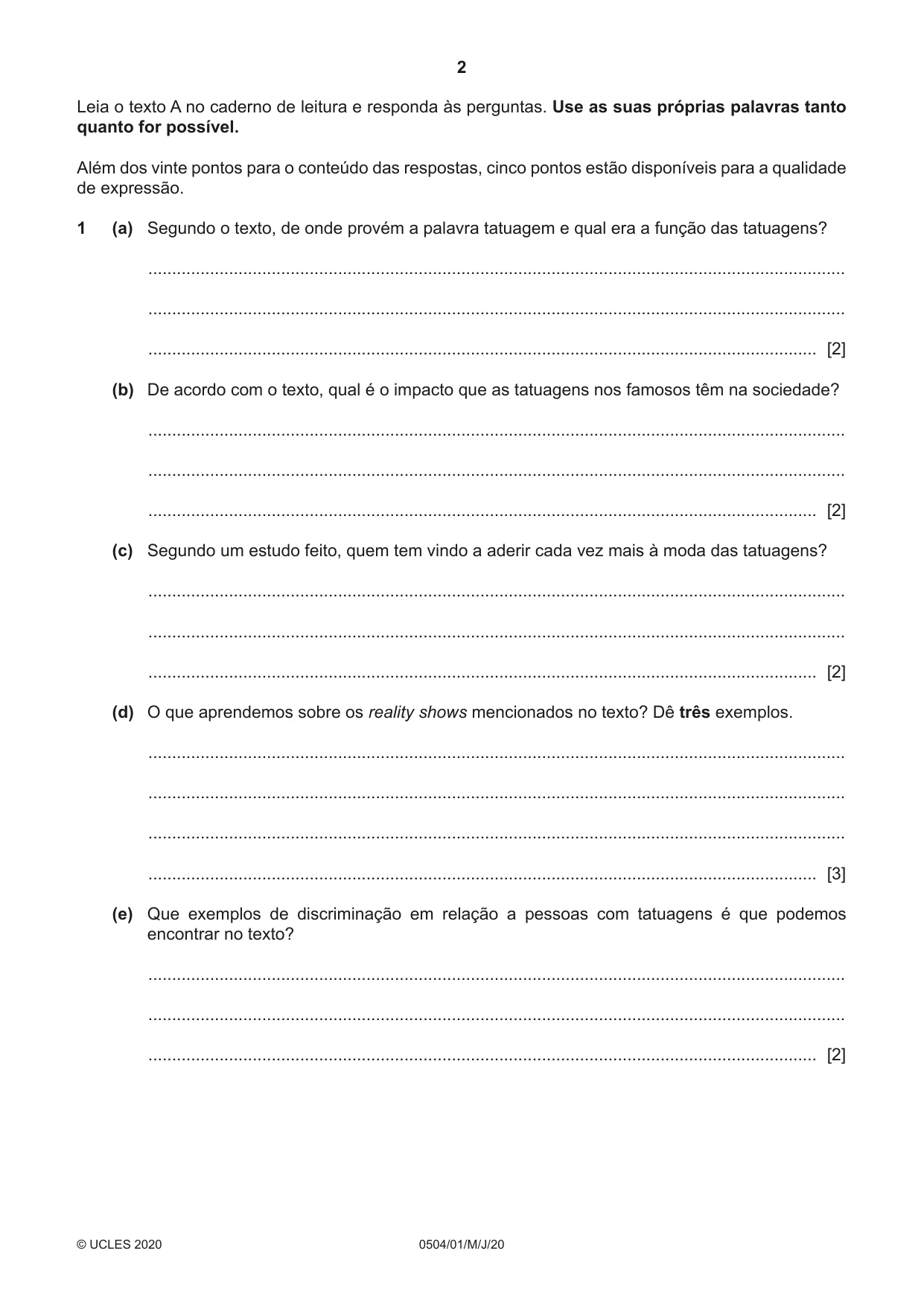 Cambridge IGCSE Portuguese - First Language 0504 2020 May/June Paper 1 · Variant 0 question paper, page 2 of 8