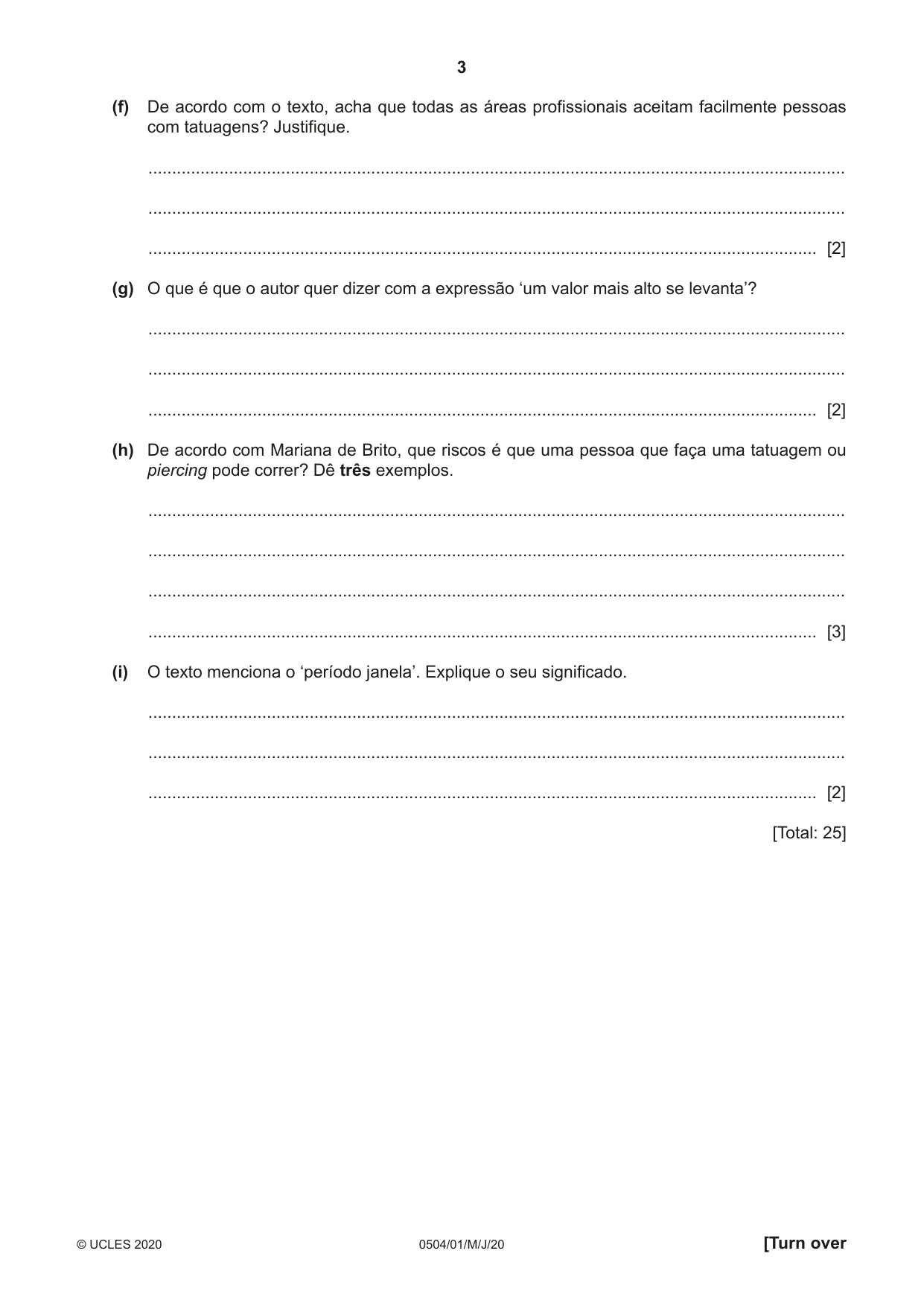 Cambridge IGCSE Portuguese - First Language 0504 2020 May/June Paper 1 · Variant 0 question paper, page 3 of 8