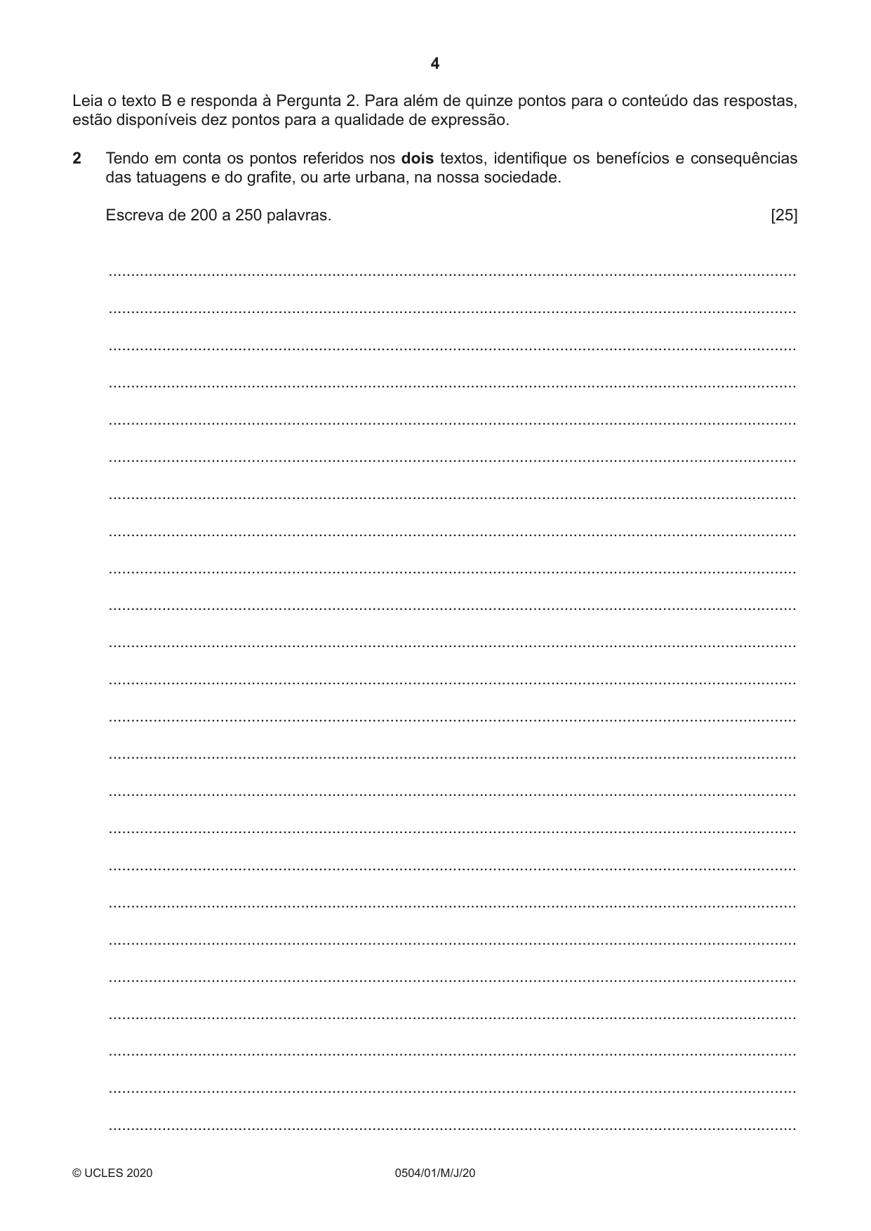 Cambridge IGCSE Portuguese - First Language 0504 2020 May/June Paper 1 · Variant 0 question paper, page 4 of 8