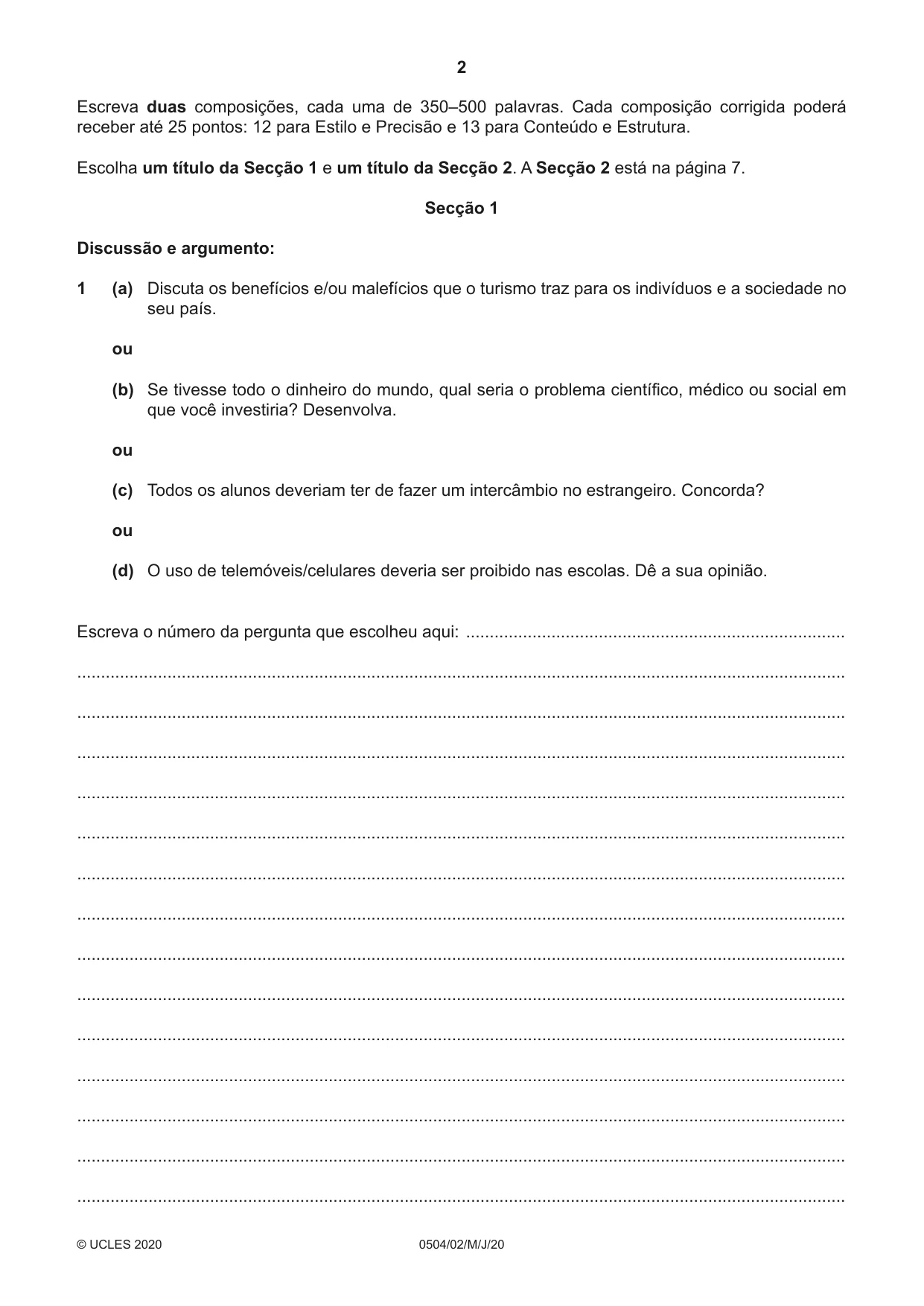 Cambridge IGCSE Portuguese - First Language 0504 2020 May/June Paper 2 · Variant 0 question paper, page 2 of 12