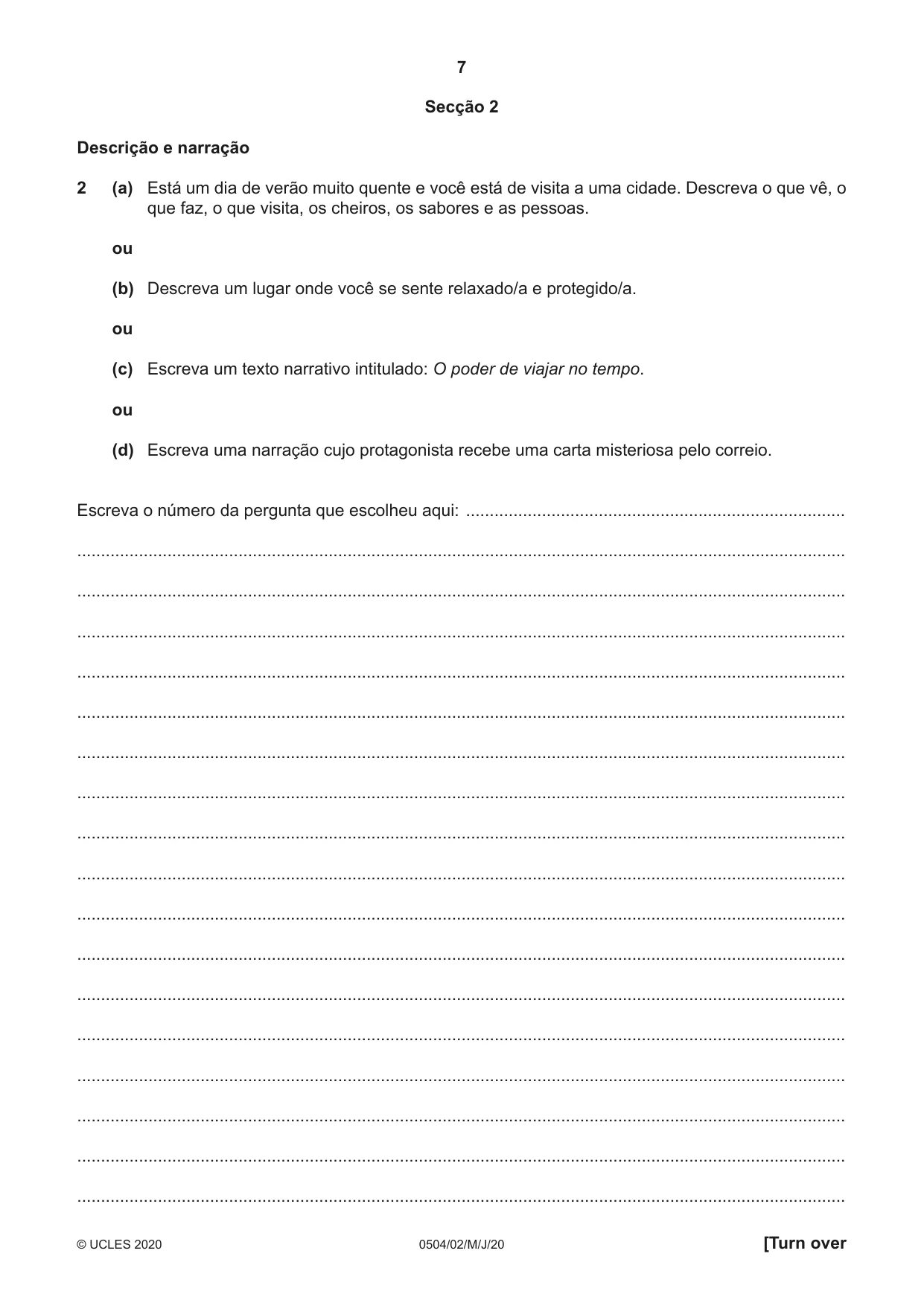 Cambridge IGCSE Portuguese - First Language 0504 2020 May/June Paper 2 · Variant 0 question paper, page 7 of 12