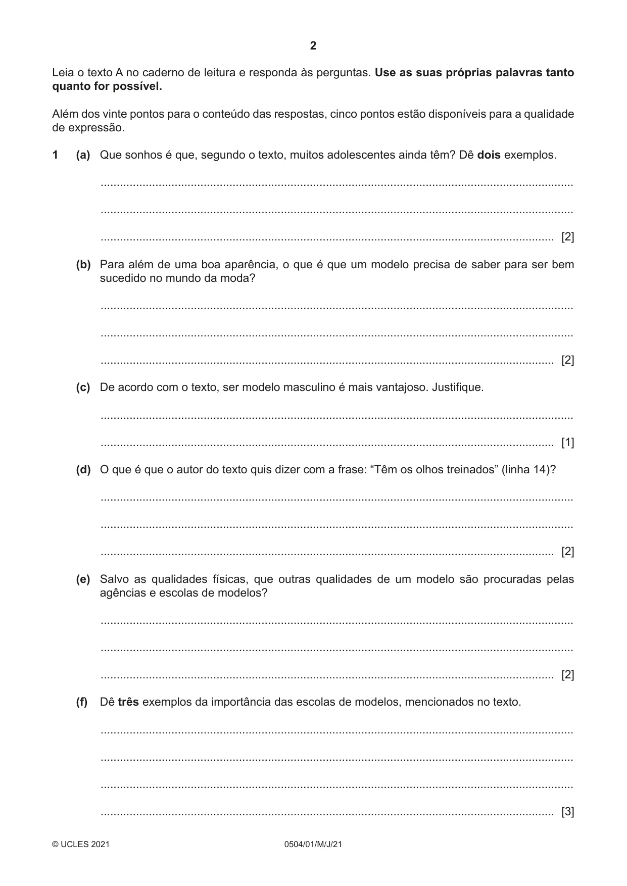 Cambridge IGCSE Portuguese - First Language 0504 2021 May/June Paper 1 · Variant 0 question paper, page 2 of 8