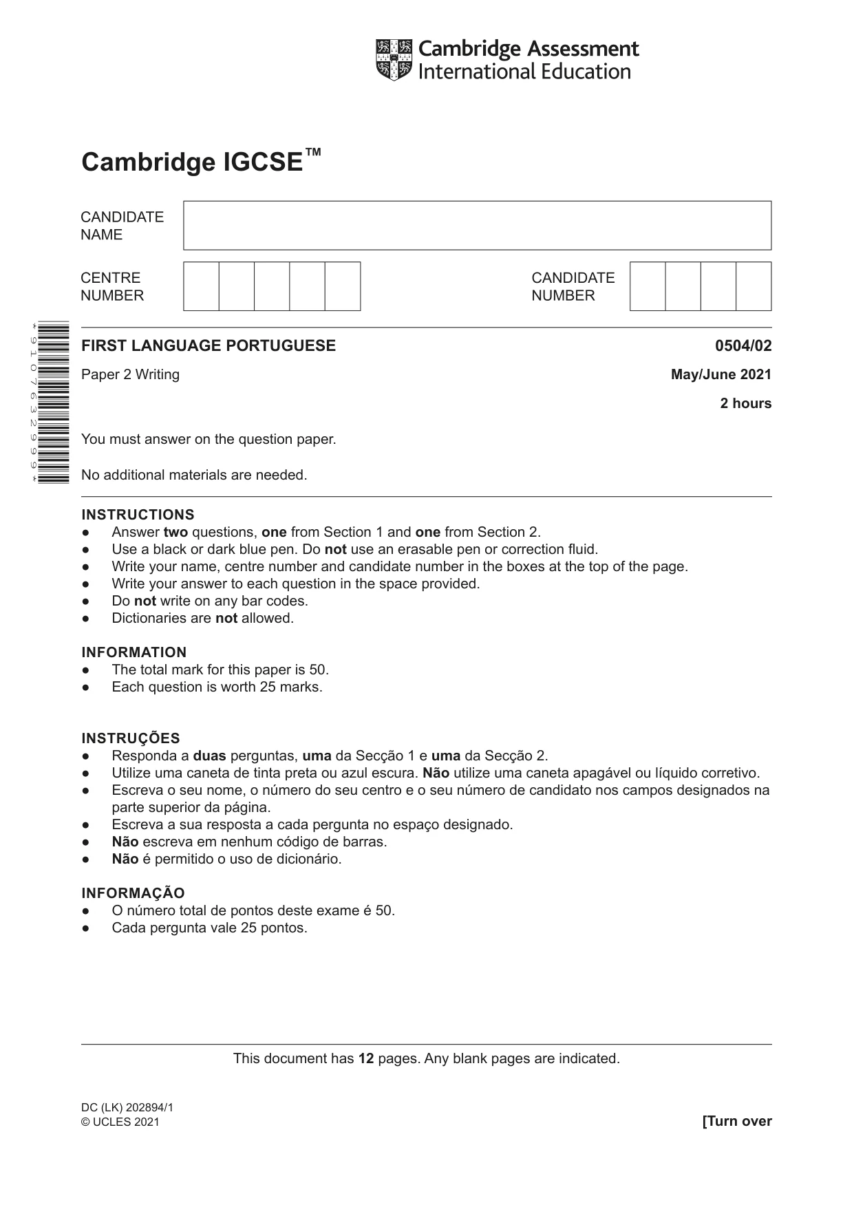Cambridge IGCSE Portuguese - First Language 0504 2021 May/June Paper 2 · Variant 0 question paper, page 1 of 12