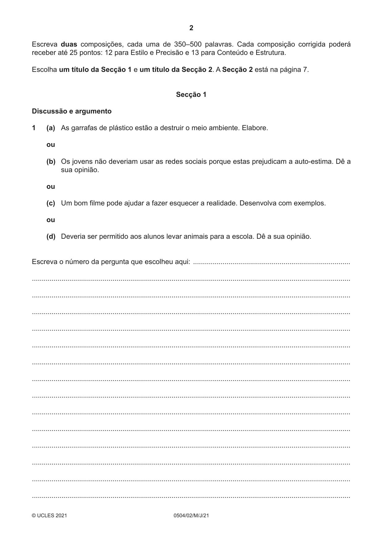 Cambridge IGCSE Portuguese - First Language 0504 2021 May/June Paper 2 · Variant 0 question paper, page 2 of 12