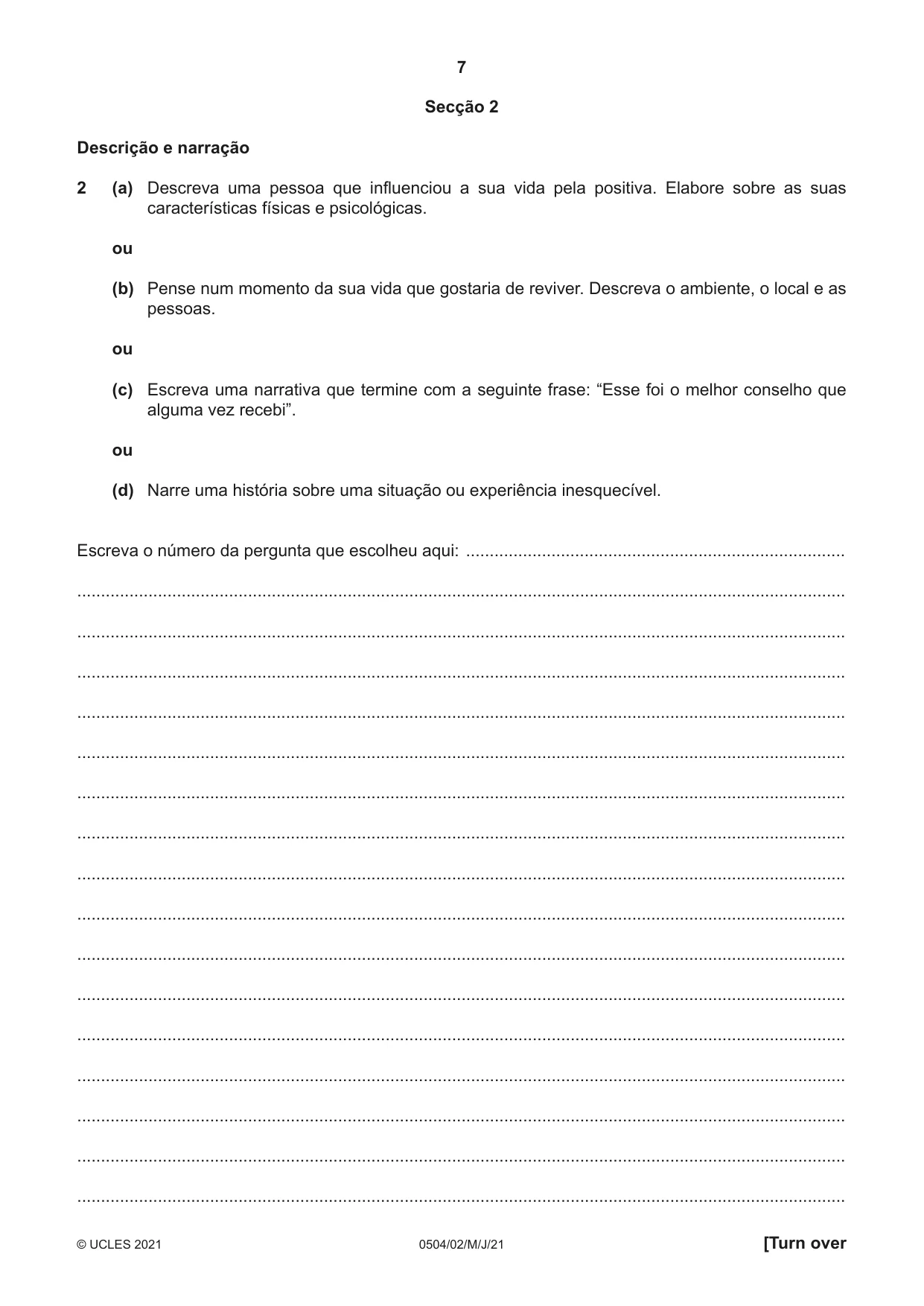 Cambridge IGCSE Portuguese - First Language 0504 2021 May/June Paper 2 · Variant 0 question paper, page 7 of 12