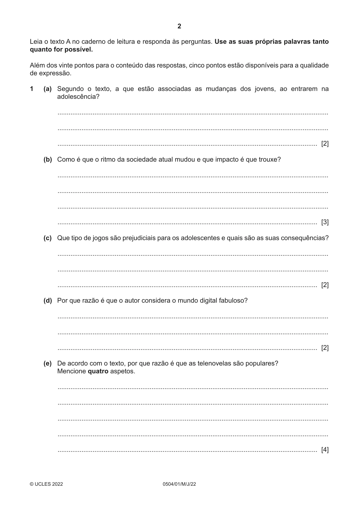 Cambridge IGCSE Portuguese - First Language 0504 2022 May/June Paper 1 · Variant 0 question paper, page 2 of 8