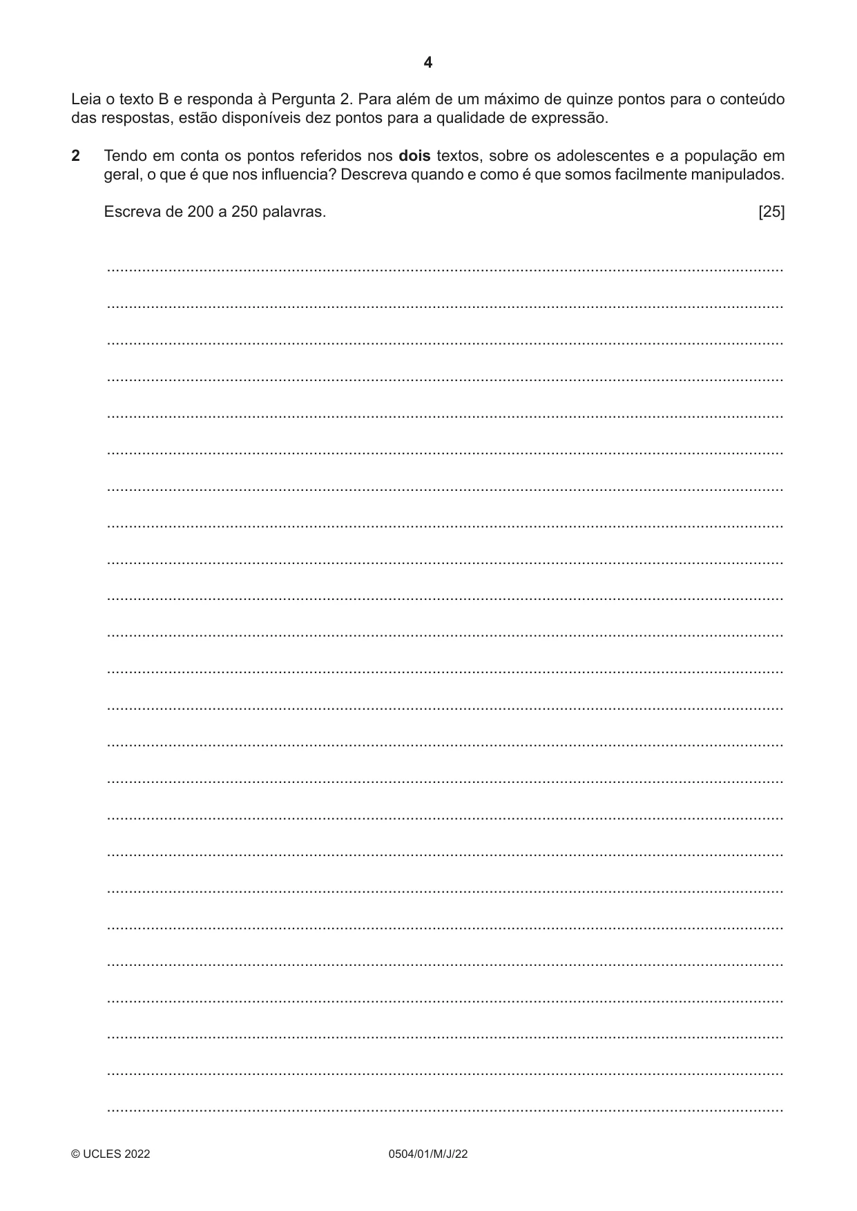 Cambridge IGCSE Portuguese - First Language 0504 2022 May/June Paper 1 · Variant 0 question paper, page 4 of 8
