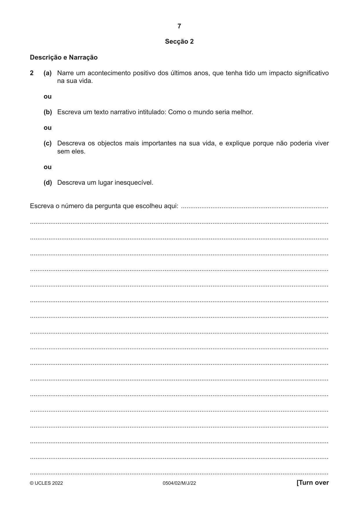 Cambridge IGCSE Portuguese - First Language 0504 2022 May/June Paper 2 · Variant 0 question paper, page 7 of 12