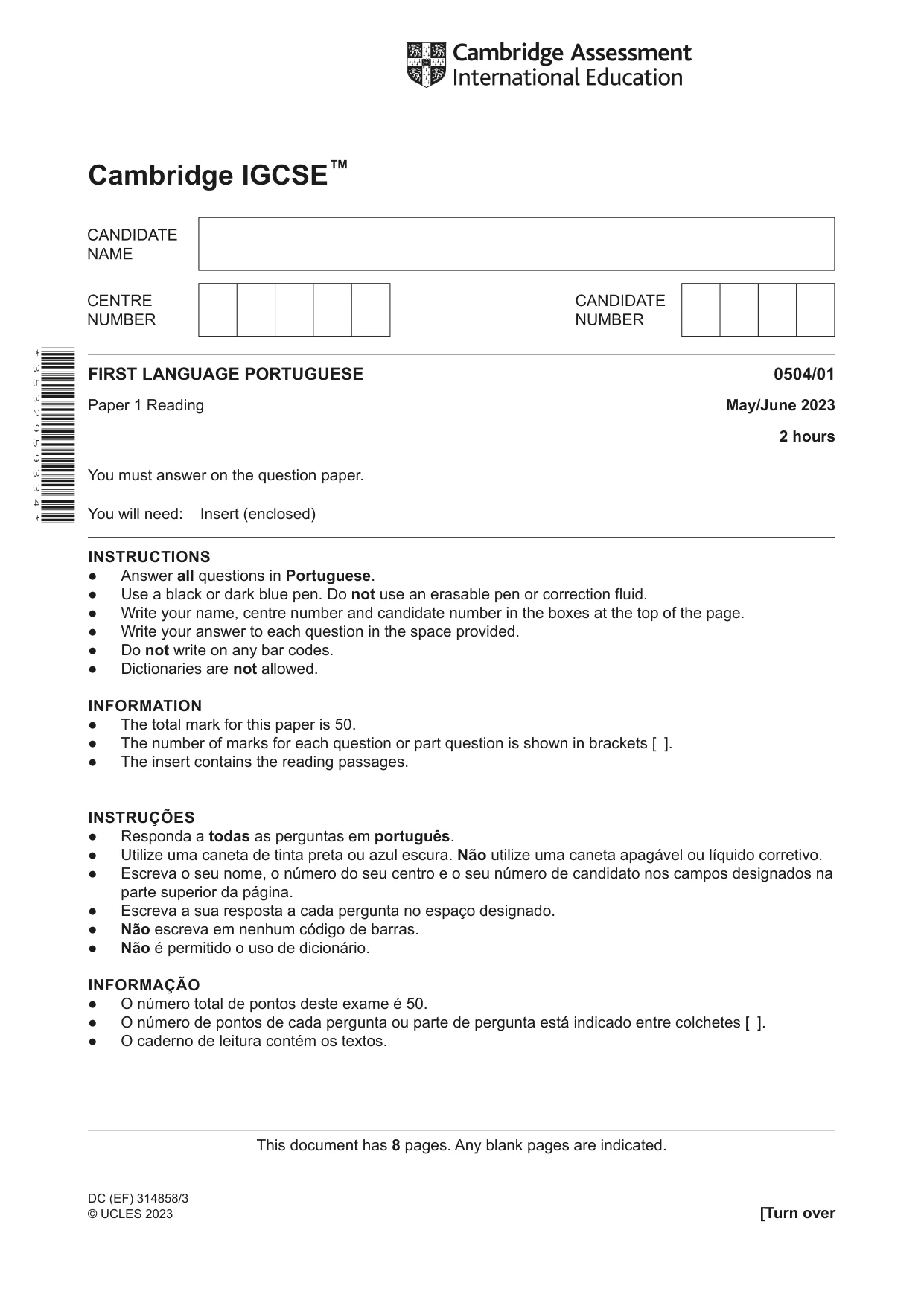 Cambridge IGCSE Portuguese - First Language 0504 2023 May/June Paper 1 · Variant 0 question paper, page 1 of 8