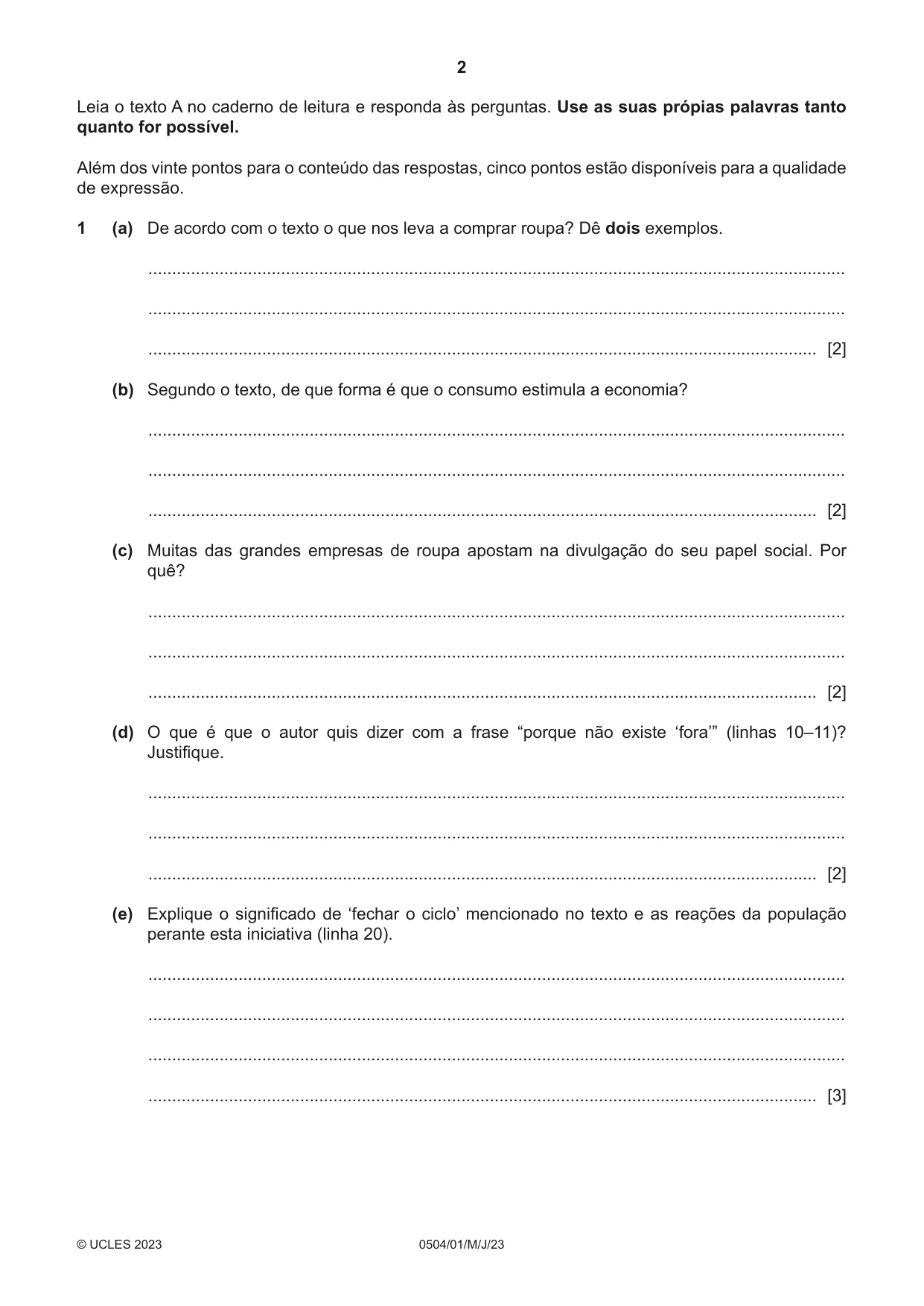 Cambridge IGCSE Portuguese - First Language 0504 2023 May/June Paper 1 · Variant 0 question paper, page 2 of 8