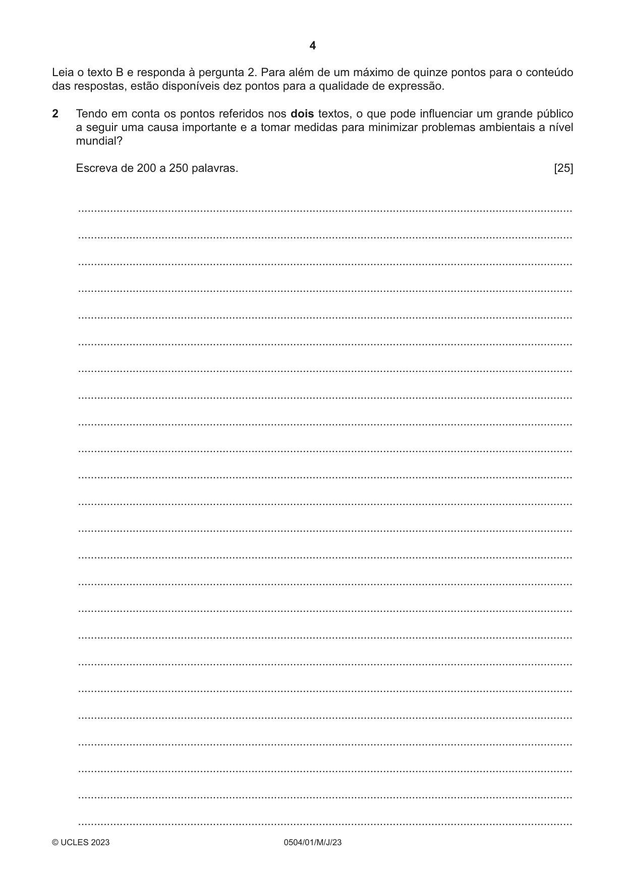 Cambridge IGCSE Portuguese - First Language 0504 2023 May/June Paper 1 · Variant 0 question paper, page 4 of 8
