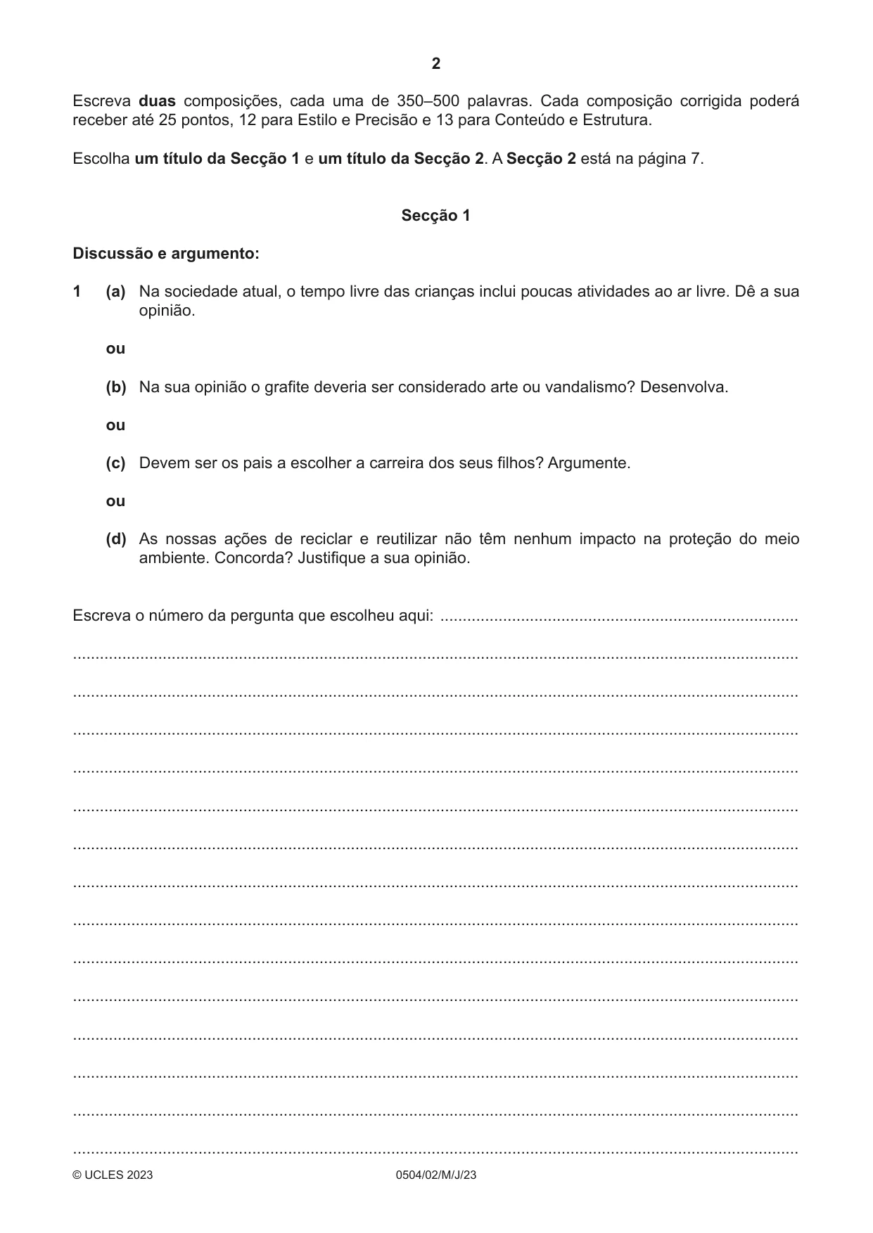 Cambridge IGCSE Portuguese - First Language 0504 2023 May/June Paper 2 · Variant 0 question paper, page 2 of 12