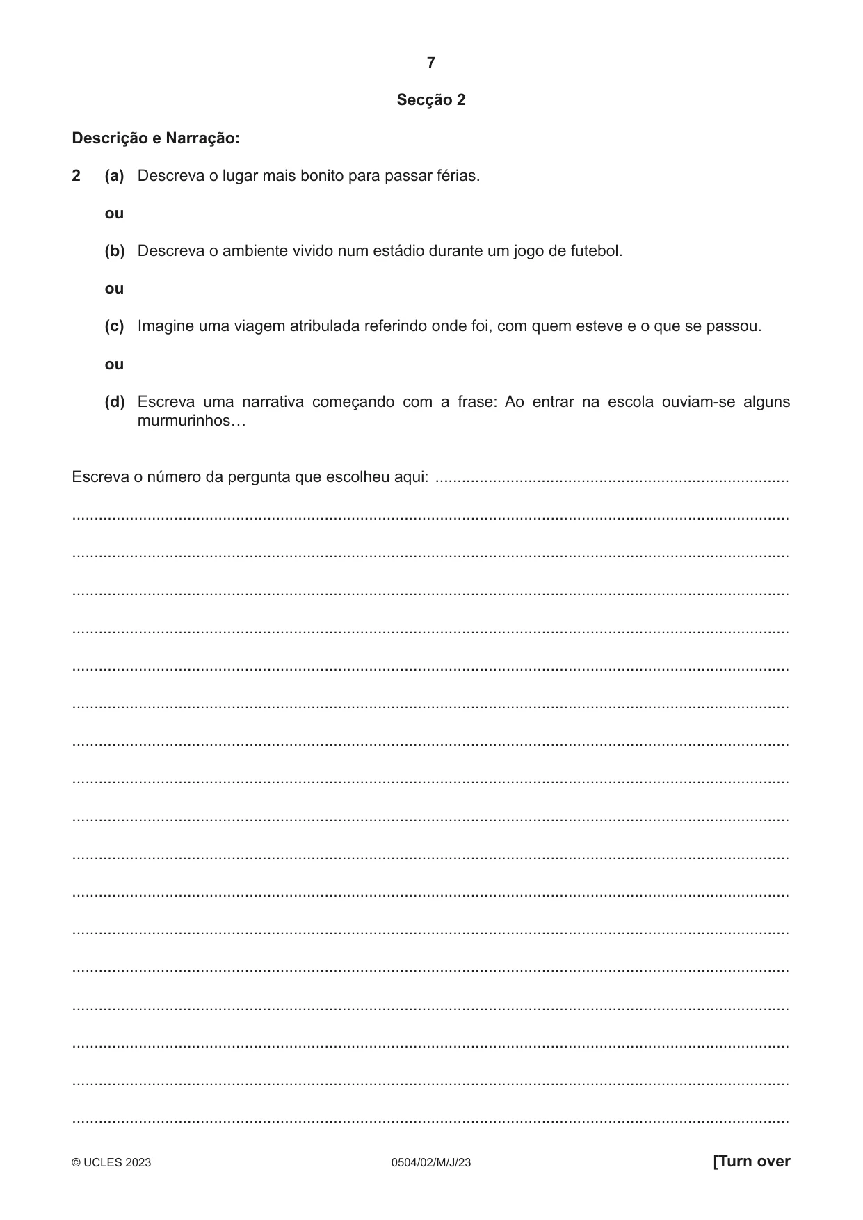 Cambridge IGCSE Portuguese - First Language 0504 2023 May/June Paper 2 · Variant 0 question paper, page 7 of 12