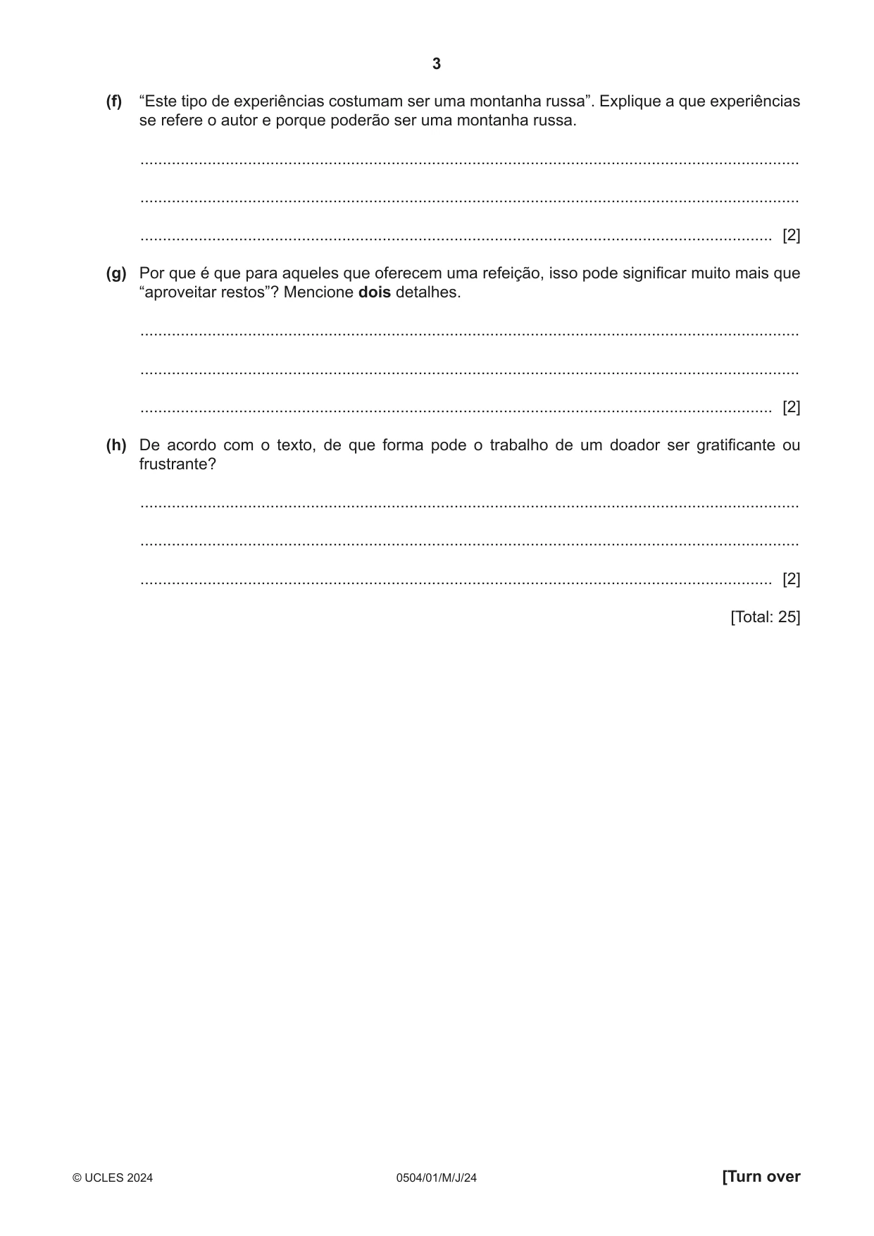 Cambridge IGCSE Portuguese - First Language 0504 2024 May/June Paper 1 · Variant 0 question paper, page 3 of 8